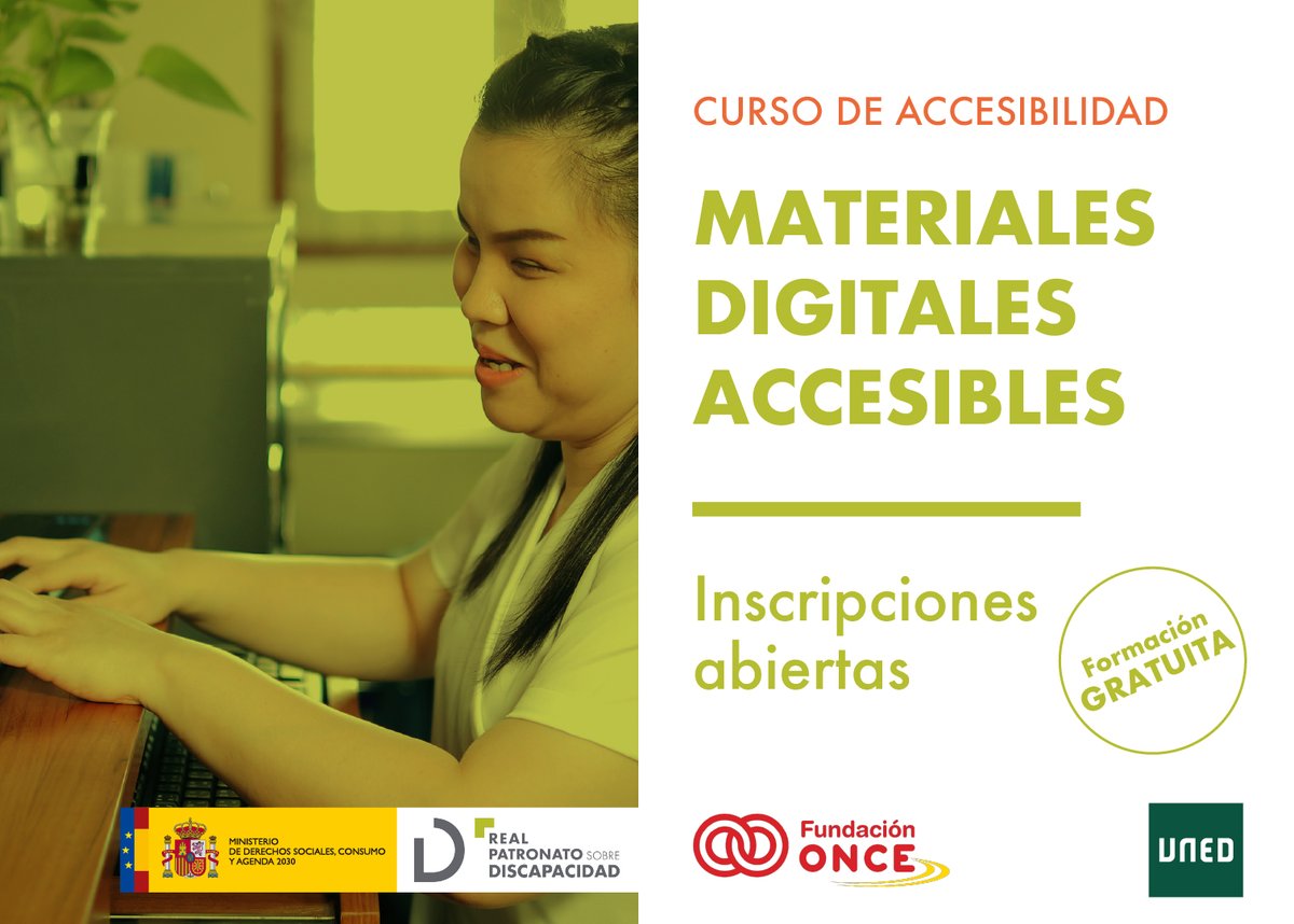 Comienza 31-Mar #MOOCMatDigAcc
Considerado muy relevante para actividad profesional y docente
Curso de <a href="/RPDiscapacidad/">Real Patronato sobre Discapacidad y D. G.</a> y <a href="/Fundacion_ONCE/">Fundación ONCE</a> en <a href="/UNEDAbierta/">UNED Abierta</a>
Abierto, gratuito y accesible
¿Te apuntas?
iedra.uned.es/courses/course…