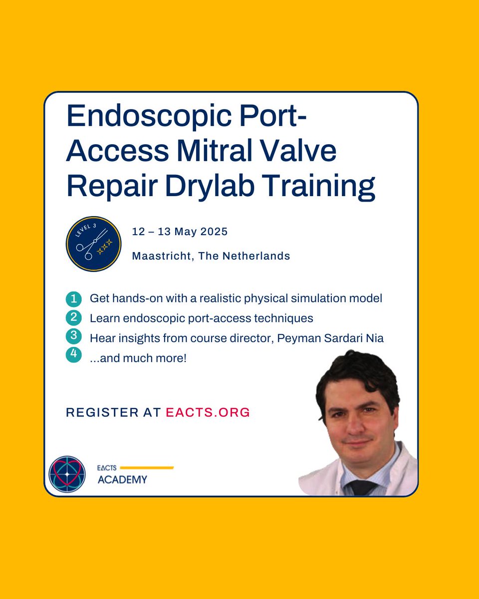 EACTS (@eacts) on Twitter photo Endoscopic Port-Access Mitral Valve Repair Drylab Training with <a href="/PeymanSardari/">Peyman Sardari Nia</a> returns for 2025! 🥳
Don’t miss this unique opportunity to refine your minimally invasive mitral valve repair skills. Join us in Maastricht between 12-13 May for a highly interactive course offering: Endoscopic Port-Access Mitral Valve Repair Drylab Training with <a href="/PeymanSardari/">Peyman Sardari Nia</a> returns for 2025! 🥳
Don’t miss this unique opportunity to refine your minimally invasive mitral valve repair skills. Join us in Maastricht between 12-13 May for a highly interactive course offering: