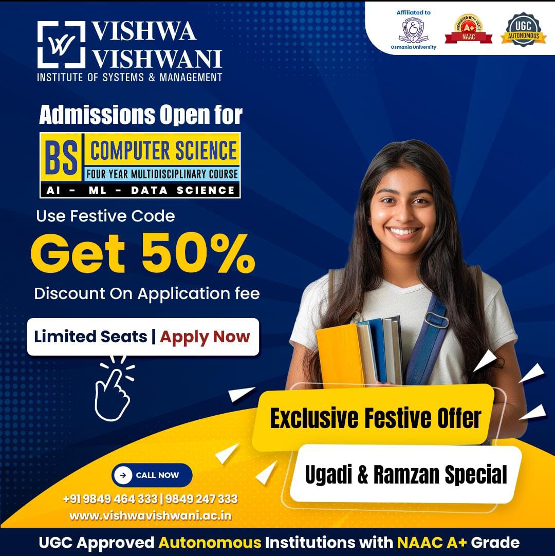 vidyavision_com's tweet image. BS Computer Science Admissions Open at VVISM, Hyderabad
Festival Offer - 50% Off on Application Fee 
Hurry, Don&apos;t miss this chance - APPLY TODAY

Apply Now - rb.gy/th590e

#vvism #viswavishwani #bsccourse #admissionsopen #businessschooolinhyderabad #hyderabadcolleges