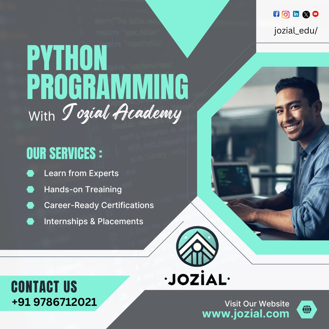 jozial_edu's tweet image. 💻 Level up your coding skills with Jozial Academy! 🚀
Get hands-on training, expert guidance &amp;amp; career-ready certifications. 🎯
#PythonMastery #CodeYourFuture #BestInIndia #LearnWithExperts #HandsOnLearning #CareerInData #TransformWithJozial #TechEducation #Python #SQL #AI