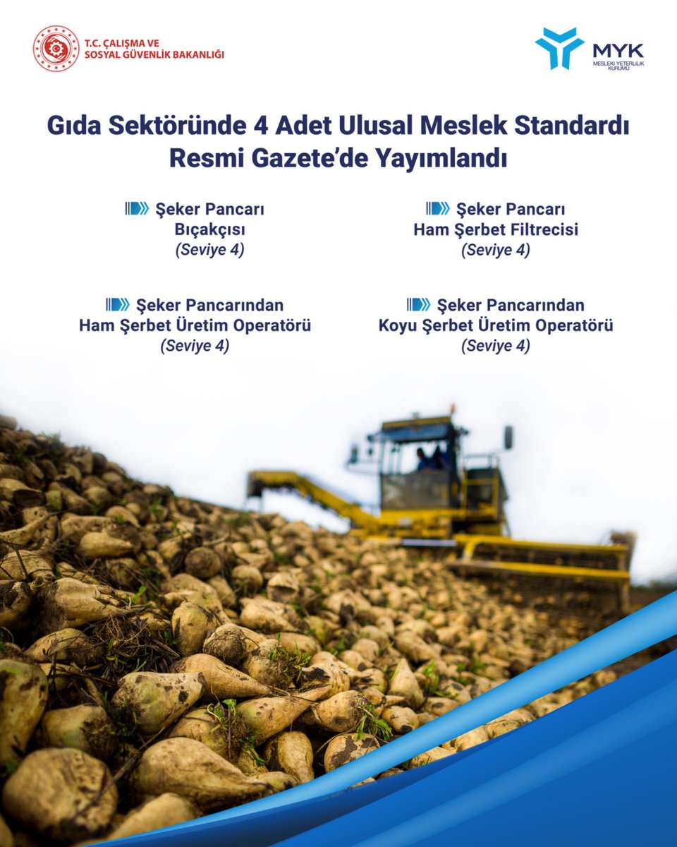 myksosyalmedya's tweet photo. Gıda Sektöründe 4 adet Ulusal Meslek Standardı Resmi Gazete’de yayımlandı

Mesleki Yeterlilik Kurumumuz tarafından gıda sektöründe hazırlanan;

• Şeker Pancarı Bıçakçısı (Seviye 4)
• Şeker Pancarı Ham Şerbet Filtrecisi (Seviye 4)
• Şeker Pancarından Ham Şerbet Üretim Operatörü (Seviye 4)
• Şeker Pancarından Koyu Şerbet Üretim Operatörü (Seviye 4)

Ulusal Meslek Standartları Resmi Gazete’de yayımlandı.

Türkiye Gıda ve Şeker Sanayi İşçileri Sendikası ve Türkiye Şeker Fabrikaları A.Ş. ile imzalanan protokol doğrultusunda hazırlanan ulusal meslek standartları kapsamında çalışanlar; iş sağlığı ve güvenliği ile çevre korumaya ilişkin önlemleri alarak, şeker pancarından şeker üretim süreçlerinde tesis içerisinde mesleklerini icra edeceklerdir.

Ulusal Meslek Standartlarının yayımlanması ile bu alanda nitelikli iş gücü oluşturularak mesleğin geliştirilmesi sağlanacaktır.

Detaylı bilgi için https://t.co/4bv98nDpeL adresimizi ziyaret edebilirsiniz.

#UlusalMeslekStandardı

@csgbakanligi 
@myksosyalmedya 
@sekerissen  
@turksekeras