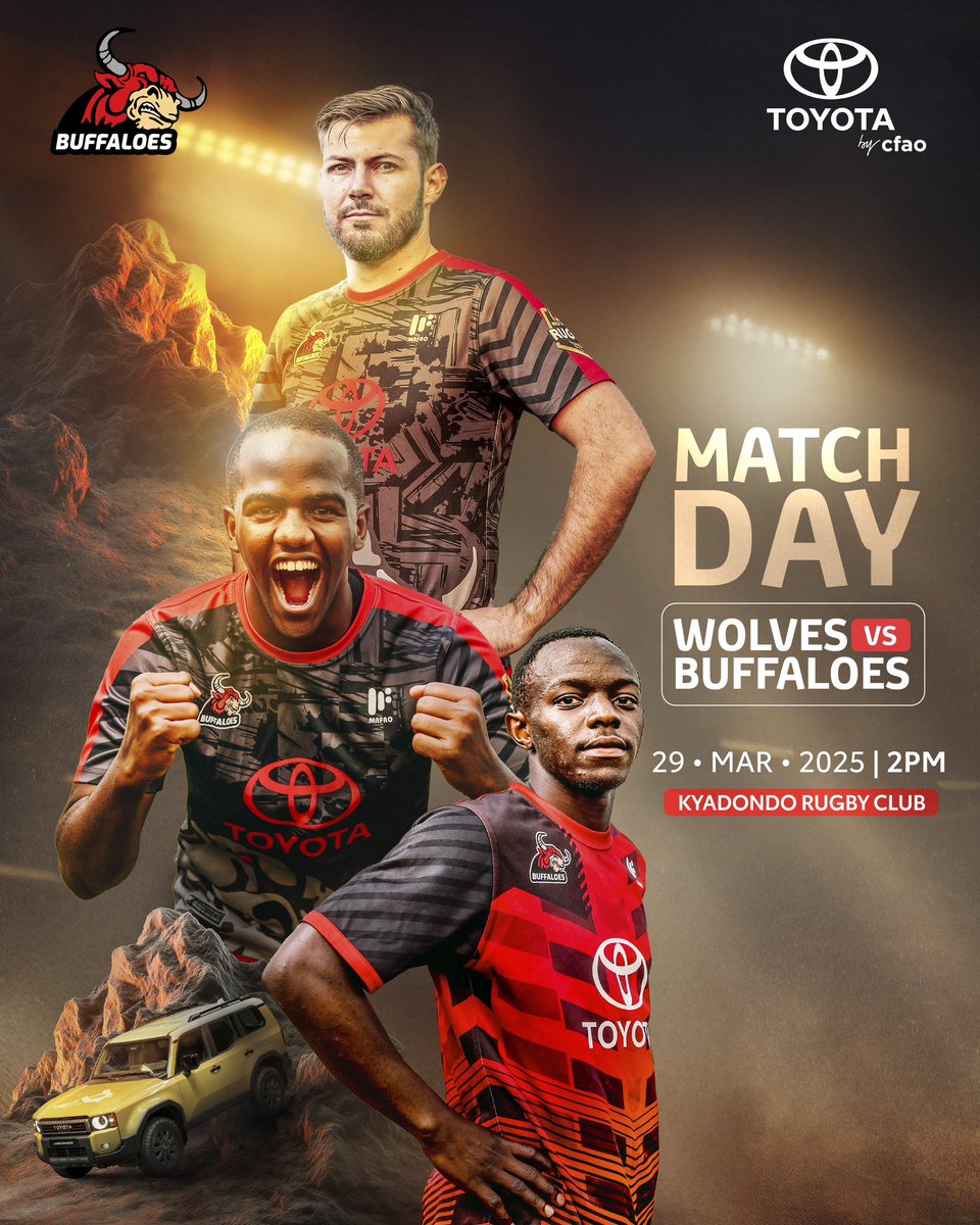 Toyota by CFAO Uganda (@toyota_ug) on Twitter photo Brace for impact.π
<a href="/BuffaloesRFC/">Buffaloes Rugby Club</a> π charge into battle against <a href="/elgonwolvesrfc/">Elgon Wolves RFC</a> πΊ in the #NileSpecialPremiership.π₯
Be there to back the boysπͺπΎ
π <a href="/Kyadondo_Rugby/">Kyadondo Rugby Football Club</a> | π 4:00 PM
#ToyotaRugby Brace for impact.π
<a href="/BuffaloesRFC/">Buffaloes Rugby Club</a> π charge into battle against <a href="/elgonwolvesrfc/">Elgon Wolves RFC</a> πΊ in the #NileSpecialPremiership.π₯
Be there to back the boysπͺπΎ
π <a href="/Kyadondo_Rugby/">Kyadondo Rugby Football Club</a> | π 4:00 PM
#ToyotaRugby