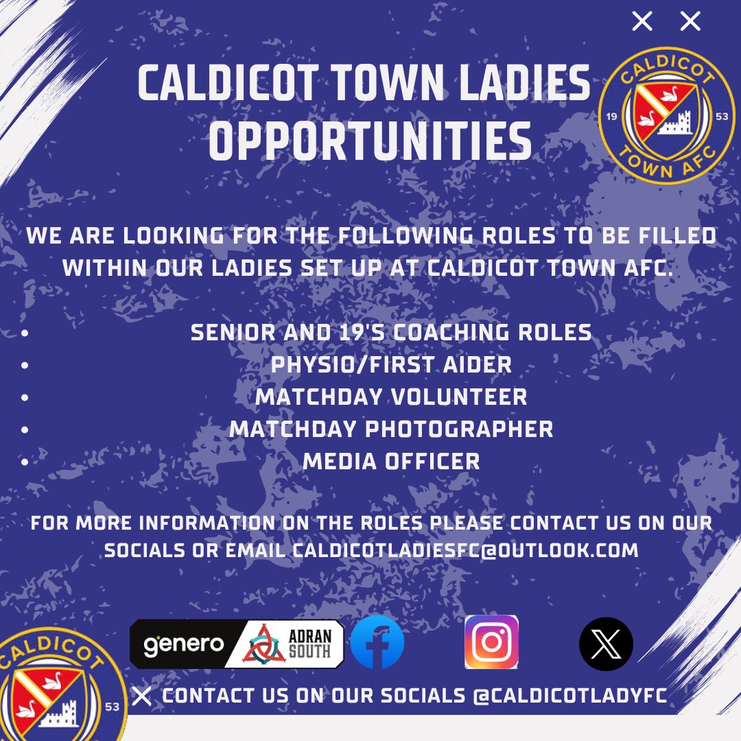 We are looking for people to fill the following roles and be apart of the Caldicot Town Ladies team. 

We offer experience at a high level of Welsh Women’s football. With the support of the FAW we can assist in personal development courses. 

#UppaTown 🔵