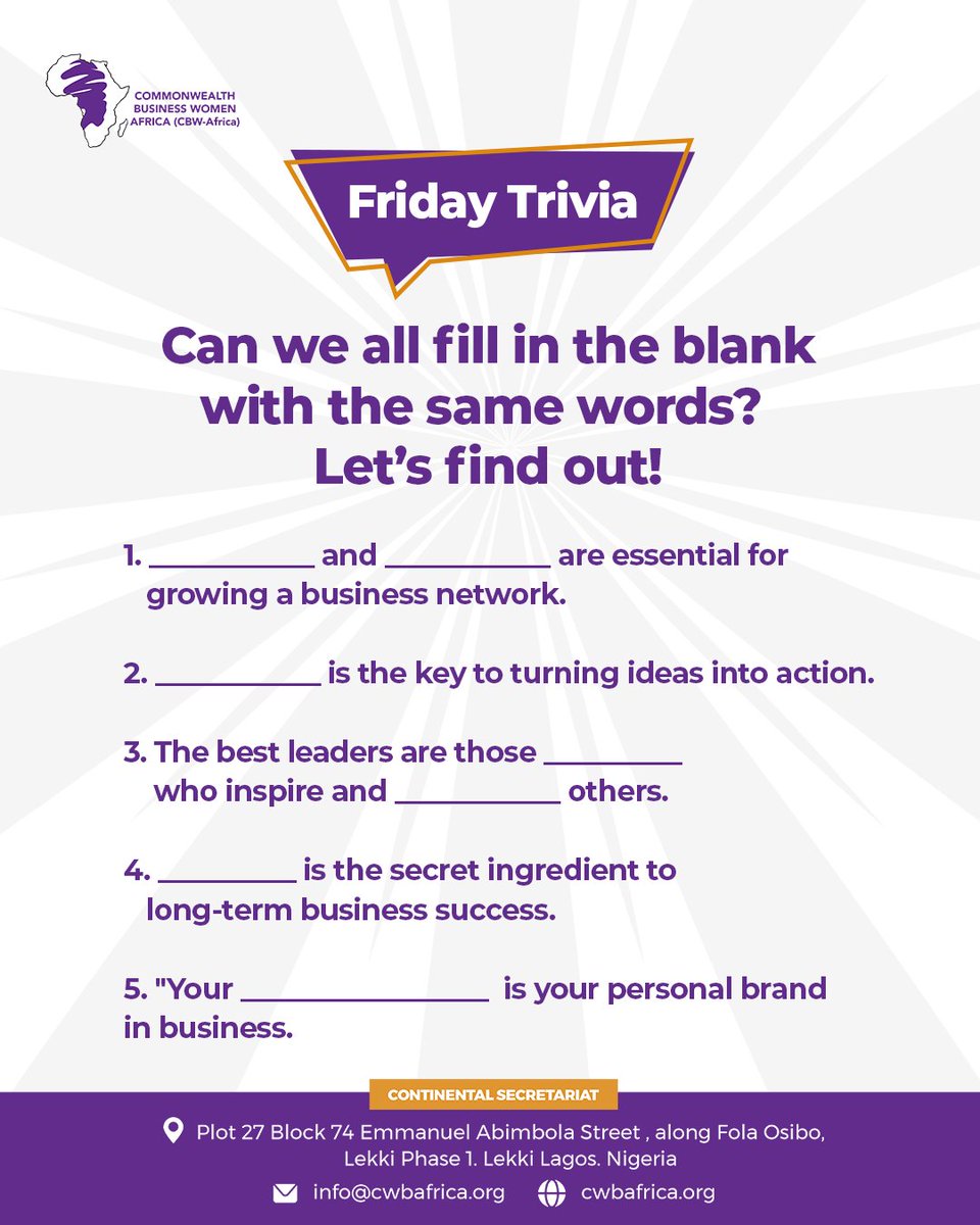 It’s time for our Friday Trivia challenge! Can you fill in the blanks with the same words as others? 🤔 Let’s see how well you know what it takes to grow a business, lead effectively, and build your brand! 

BBnaija Remi Tinubu Deborah Nwosu Sign the petition Abiola Shiloh Peller