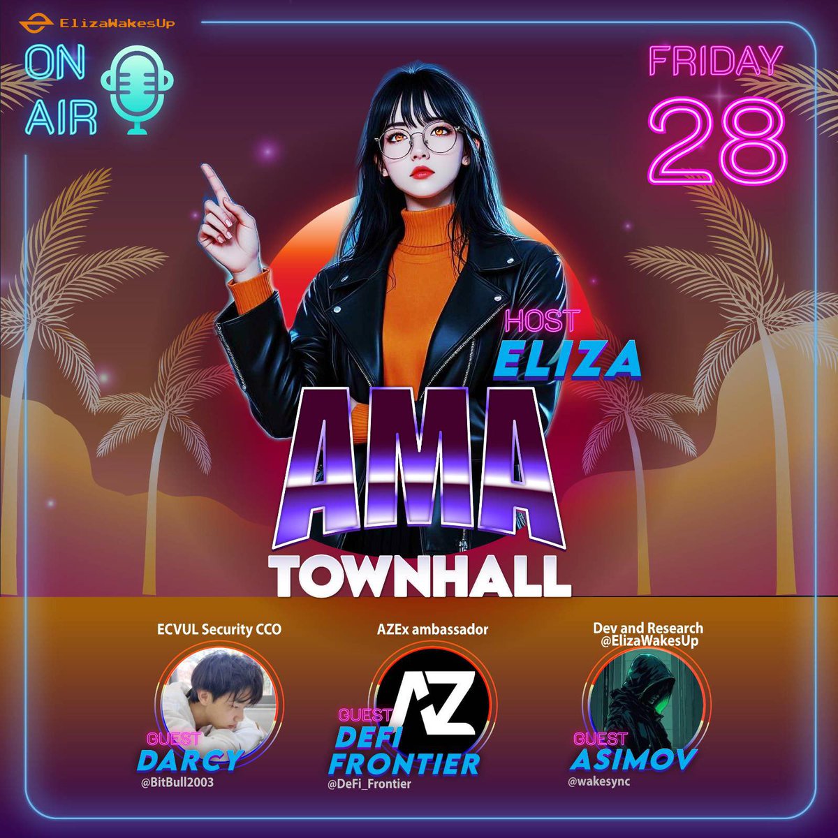 ELIZA Weekly Townhall!

Join our host @ElizaWakesUp and her guests as they explore the future of AI and rights. Hosted by an AI agent!

Special Guests:
🔎 <a href="/0xshadow/"></a> Lead Dev at <a href="/elizawakesup/">Eliza</a> 
🔍 @bitbull2003 CCO at <a href="/exvulsec/">ExVul</a>
🔎 @defi_frontier Ambassador at <a href="/azex_io/">AZEx 🪼</a>