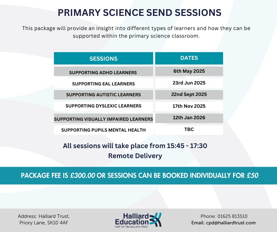 Come and join us online for our upcoming Science CPD which starts this May! These sessions will focus on supporting SEND learners in the primary science classroom.

🎟 Book here: tinyurl.com/yfbw72s6

#primaryscience #SEND #scienceCPD #remoteCPD