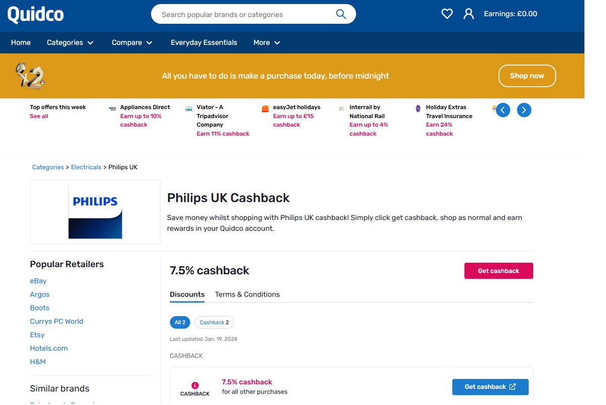 Can anyone at <a href="/quidco/">Quidco</a> explain why the Philips cashback figure drops from 10% to 7.5% when you log in? Seems a bit... fishy.