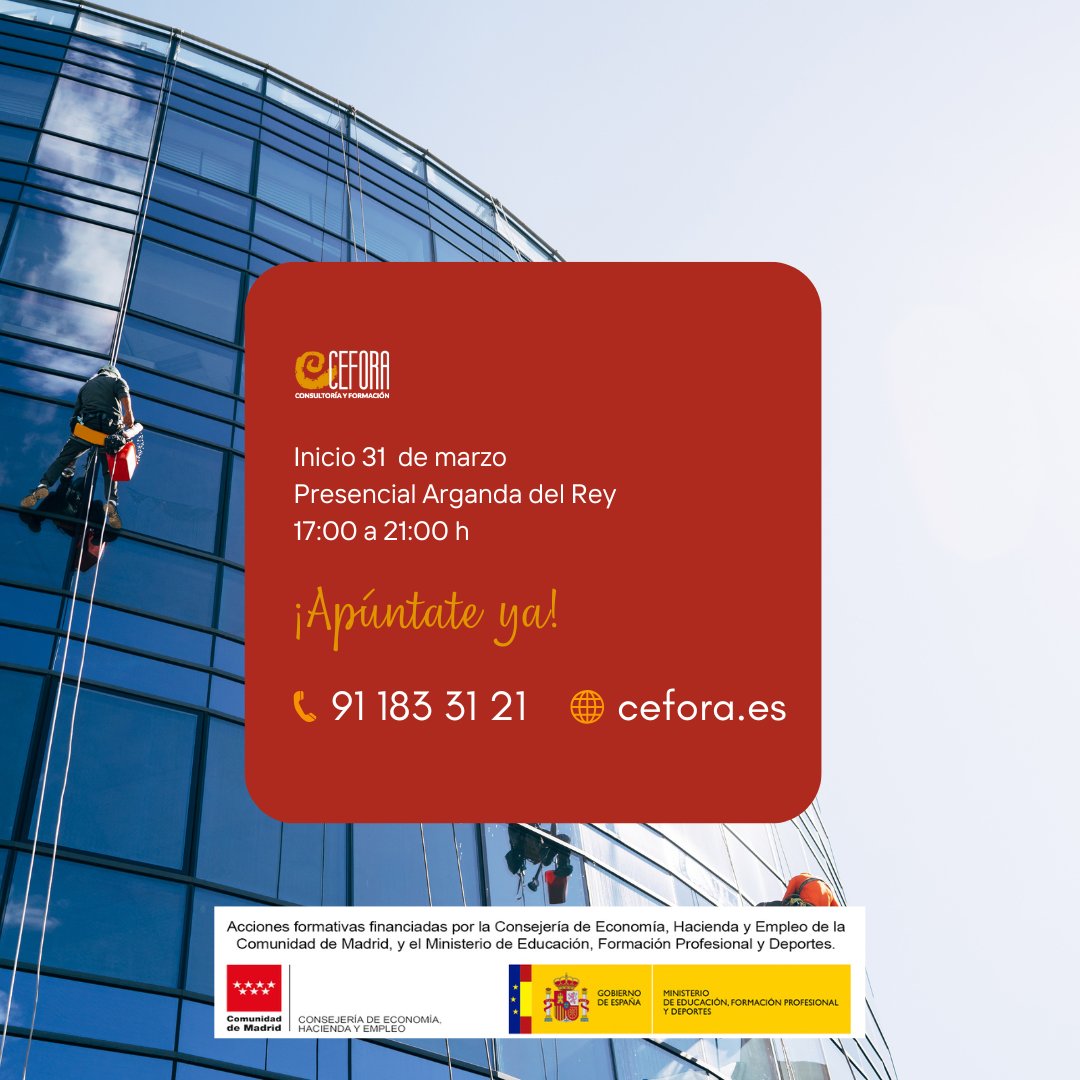 ⌛ No te lo pienses, ¡no hay tiempo!
🎓 Curso de limpieza de cristales en edificios y locales.
🆓 100% GRATIS para personas trabajadoras en activo.
👉 Apúntate ya en el 91 183 31 21 o visita cefora.es/cursos/sscm010…

#CursoGratis #FormaciónOficial #Limpieza