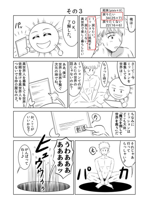 #漫画が読めるハッシュタグ 
アンケートが導く異世界物語3
すみません、今回アンケートはありません。たぶん次回はあります。
https://t.co/D2WrjlXzGS 
