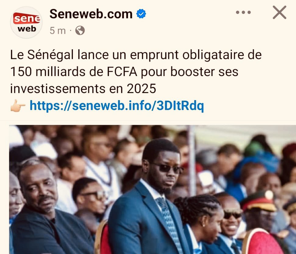 LyMadior's tweet image. Le gouvernement émet un emprunt obligataire de 150 milliards de FCFA pour dynamiser ses investissements en 2025. Suite à l&apos;échec du #programme Sénégal 2050, notre stature financière se rapproche progressivement de celle d&apos;une entreprise locale comme le #SEDIMA.