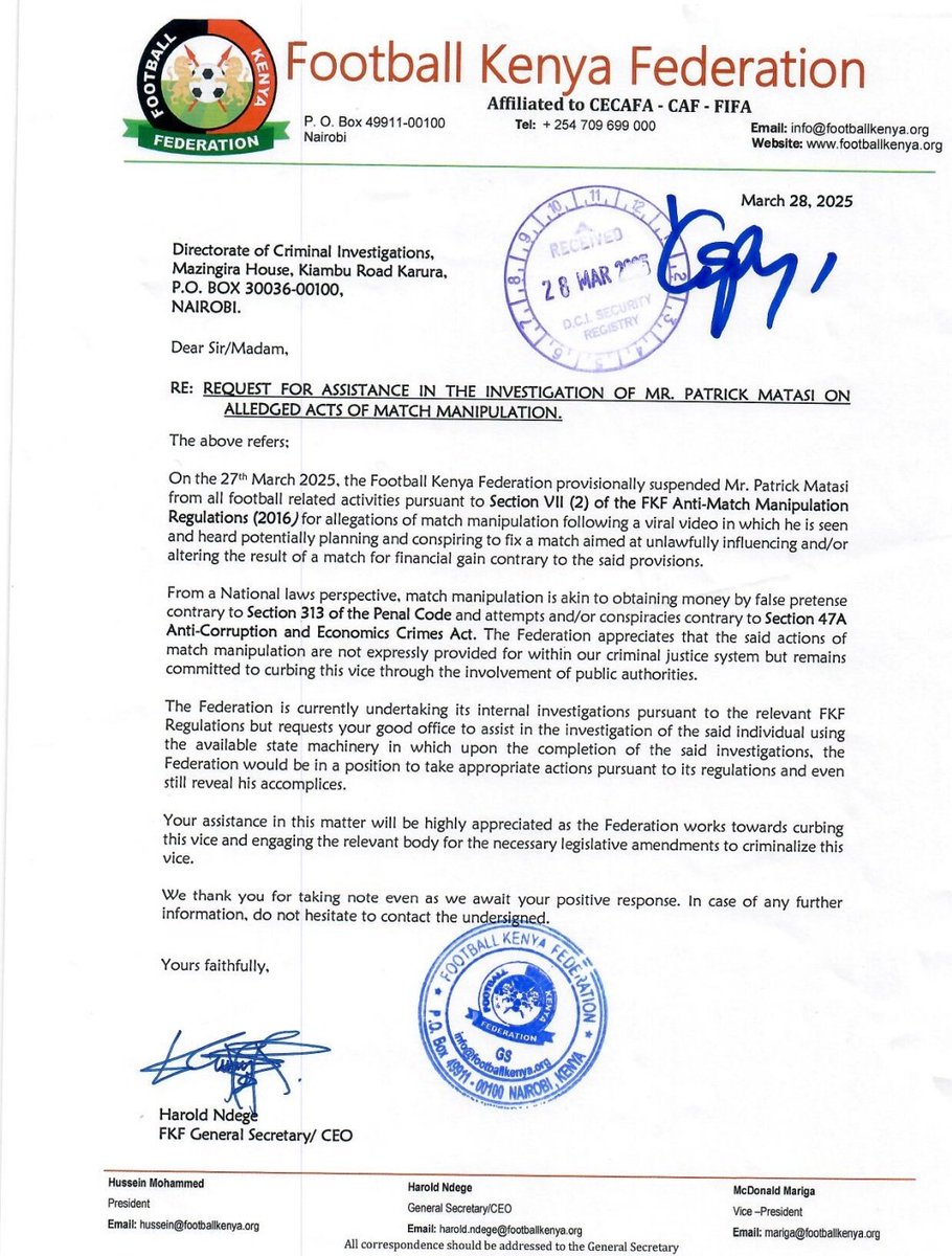 EXCLUSIVE

FKF has reached out to the DCI and EACC to help them investigate goalkeeper Patrick Matasi over the match-fixing allegations. 

I prayed for days like this. 

<a href="/pepeta_ke/">Pepeta</a>