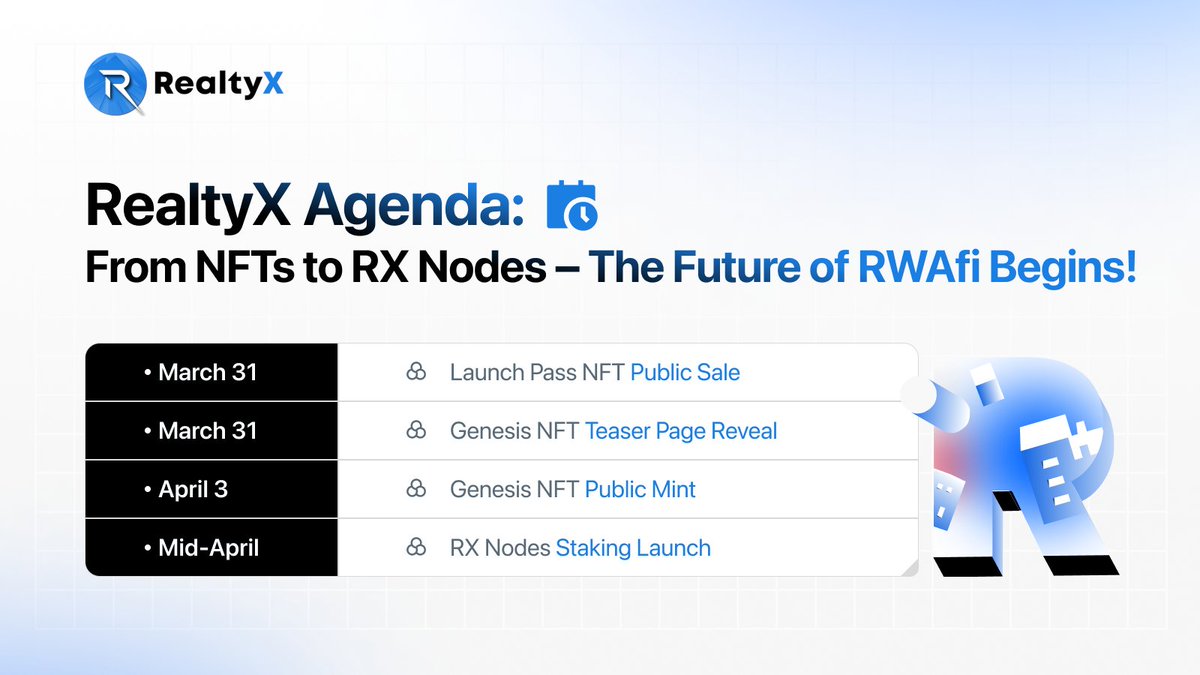 RealtyX Node Update – What's Changed? 🔥

The RealtyX Launch Pass NFT is your exclusive ticket to the RWAfi revolution – it's the key required to mint the coveted Genesis NFT, unlocking new benefits and future utilities within the RealtyX ecosystem. 🚀

Here's what’s changed 👇