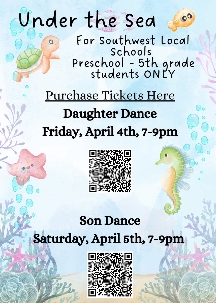 Southwest Schools (@southwestlocal) on Twitter photo The annual Son and Daughter Dances are next weekend! Daughter Dance is Fri. Apr. 4 / Son Dance is Sat. Apr. 5, both 7-9 PM at the Activity Center. Open to all SLSD PS-5th graders. Purchase tickets now:
Daughter Dance: locallevelevents.com/events/details…
Son Dance: locallevelevents.com/events/details… The annual Son and Daughter Dances are next weekend! Daughter Dance is Fri. Apr. 4 / Son Dance is Sat. Apr. 5, both 7-9 PM at the Activity Center. Open to all SLSD PS-5th graders. Purchase tickets now:
Daughter Dance: locallevelevents.com/events/details…
Son Dance: locallevelevents.com/events/details…