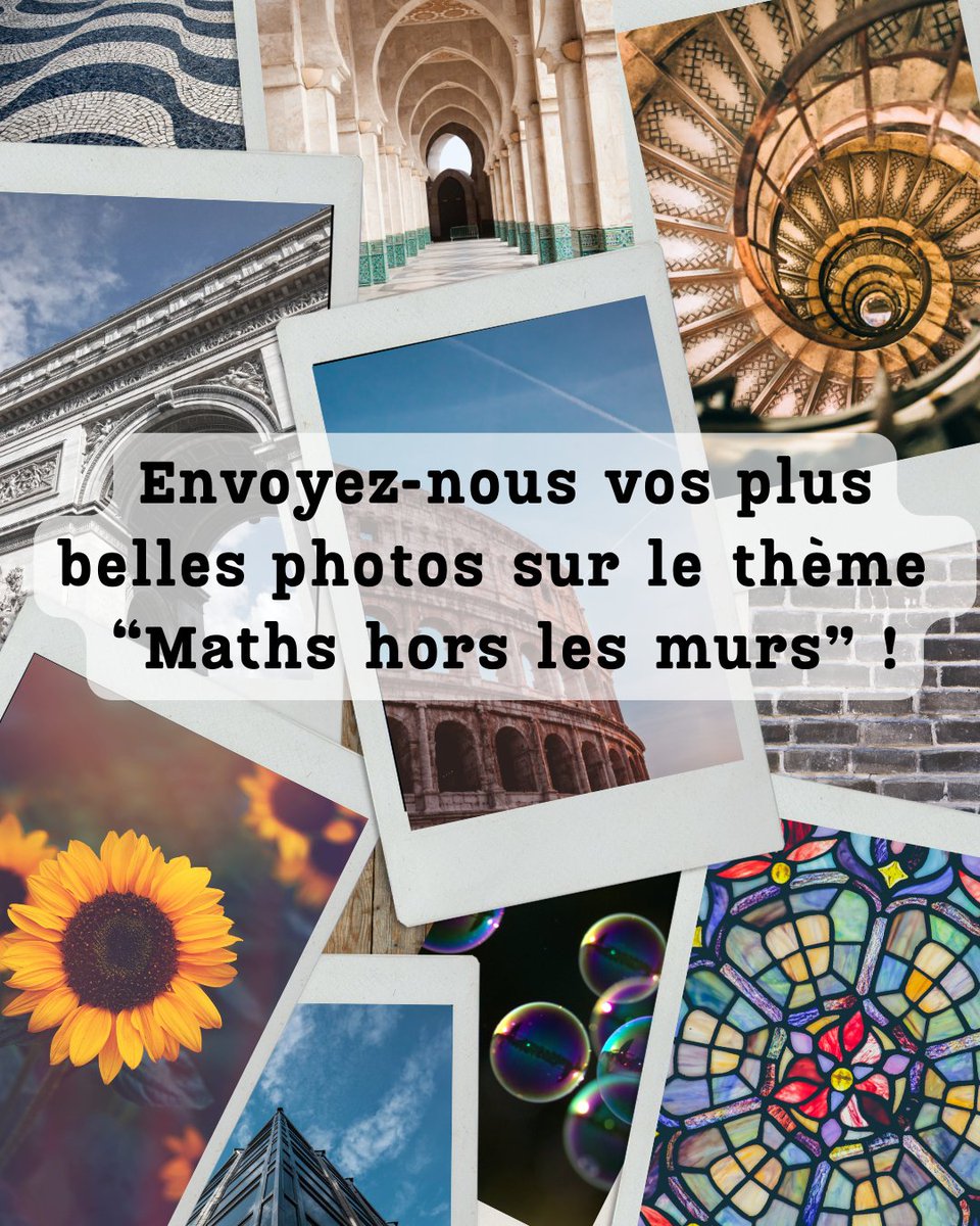 Salon Maths (@salonmaths) on Twitter photo Capturez les maths dans le monde qui vous entoure : vitraux, bâtiments, nature… 🏛️🍀
Partagez votre vision des "Maths hors les murs" avant le 1er mai avec une photo et une légende. Vos clichés seront exposés au Salon ! ✨
📩 salon-culture-jeux-maths@animath.fr
À vos appareils📸 Capturez les maths dans le monde qui vous entoure : vitraux, bâtiments, nature… 🏛️🍀
Partagez votre vision des "Maths hors les murs" avant le 1er mai avec une photo et une légende. Vos clichés seront exposés au Salon ! ✨
📩 salon-culture-jeux-maths@animath.fr
À vos appareils📸