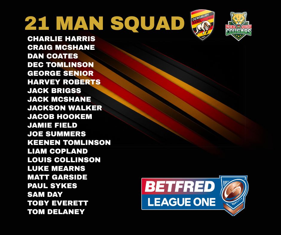 TEAM NEWS | Boss Paul March has named his 21-man squad ahead of our clash against Keighley Cougars this Sunday at FLAIR stadium.
Who’s excited for game day?
#RamsFam
🎫tickets.dewsburyrams.shop/shop/rams-v-co…