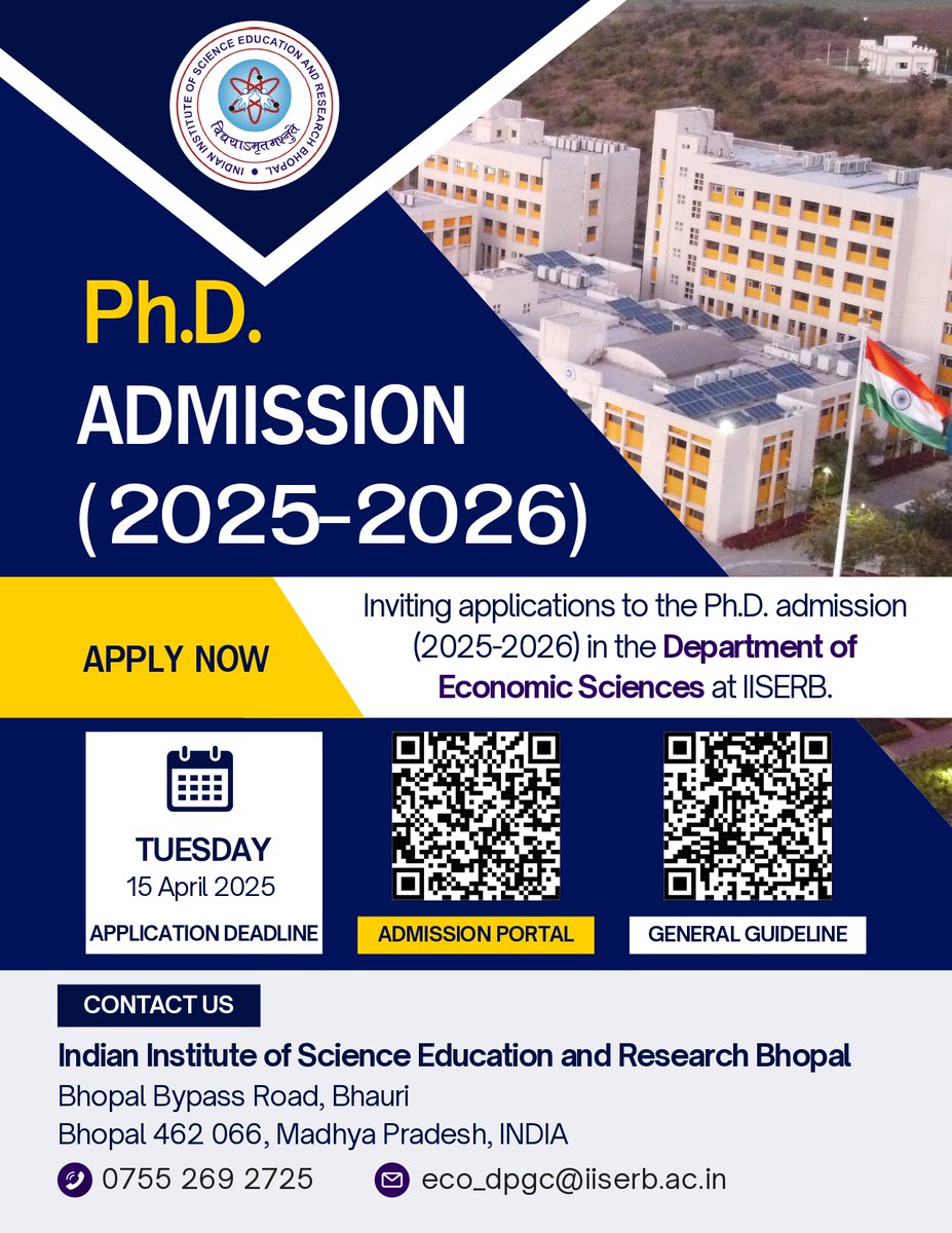 ECONOMICS DEPARTMENT, IISERB (@eiiserb74368) on Twitter photo Ph.D. (Econ) admission at IISERB for 2025 is open now. The Last date for application is 15th April. Details here: phdadmission.iiserb.ac.in/login
<a href="/sandip_85/">Sandip Agarwal</a> <a href="/ragsvenk/">Raghul S Venkatesh</a> Ph.D. (Econ) admission at IISERB for 2025 is open now. The Last date for application is 15th April. Details here: phdadmission.iiserb.ac.in/login
<a href="/sandip_85/">Sandip Agarwal</a> <a href="/ragsvenk/">Raghul S Venkatesh</a>