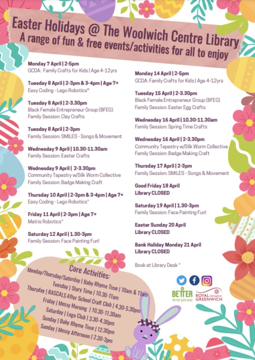 This Easter we have lots of fun + free activities at #WoolwichLibrary! Join in with our crafts, robotics, community groups and more! Please note, some activities require booking, enquire at the library for more info! 🐣 <a href="/GreenwichLibs/">Royal Greenwich Libraries</a> <a href="/Royal_Greenwich/">Royal Borough of Greenwich</a> <a href="/Better_UK/">Better</a> #LoveYourLibrary