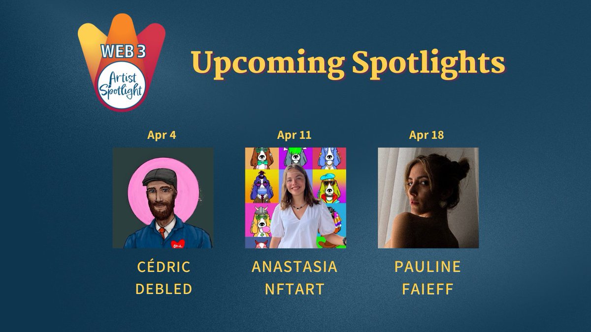 Jancarlo (@jancarlo316) on Twitter photo 🎨 Upcoming Artist Spotlights 🎙️
Gm fam! Happy Friday!
Check out the amazing lineup of artists that <a href="/Jeni_Pepen/">Jenifer | ONELOVE</a> and I (a.k.a. JJ) have for the month of April!
Apr 4 – <a href="/debledcedric/">CédriC | DebleD He art 🌕🪿🔺🐷1️⃣❤️ NFT.NY2025</a>
Apr 11 – <a href="/AnastasiaNFTart/">Anastasia NFTart | SuperRare 💎 | NFT.NYC</a>
Apr 18 - <a href="/PaulineFaieff/">Pauline 🦋</a>
Set your spaces reminders👇🏽 🎨 Upcoming Artist Spotlights 🎙️
Gm fam! Happy Friday!
Check out the amazing lineup of artists that <a href="/Jeni_Pepen/">Jenifer | ONELOVE</a> and I (a.k.a. JJ) have for the month of April!
Apr 4 – <a href="/debledcedric/">CédriC | DebleD He art 🌕🪿🔺🐷1️⃣❤️ NFT.NY2025</a>
Apr 11 – <a href="/AnastasiaNFTart/">Anastasia NFTart | SuperRare 💎 | NFT.NYC</a>
Apr 18 - <a href="/PaulineFaieff/">Pauline 🦋</a>
Set your spaces reminders👇🏽