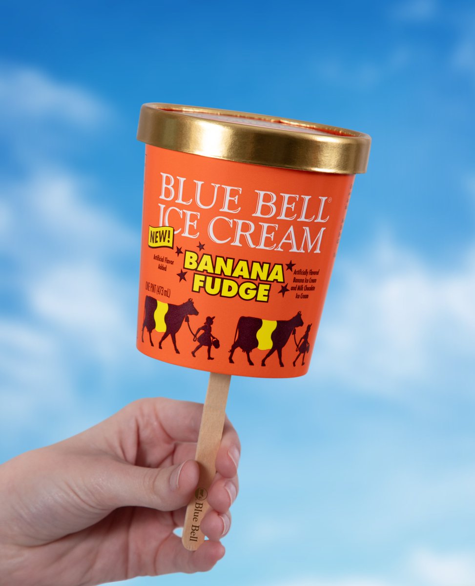Many of you told us to put our new Banana Fudge Ice Cream on a stick. So we did. Happy National Something on a Stick Day! Stick sold separately. 😉 #iykyk #bluebell #icecream #bluebellicecream #bananafudge