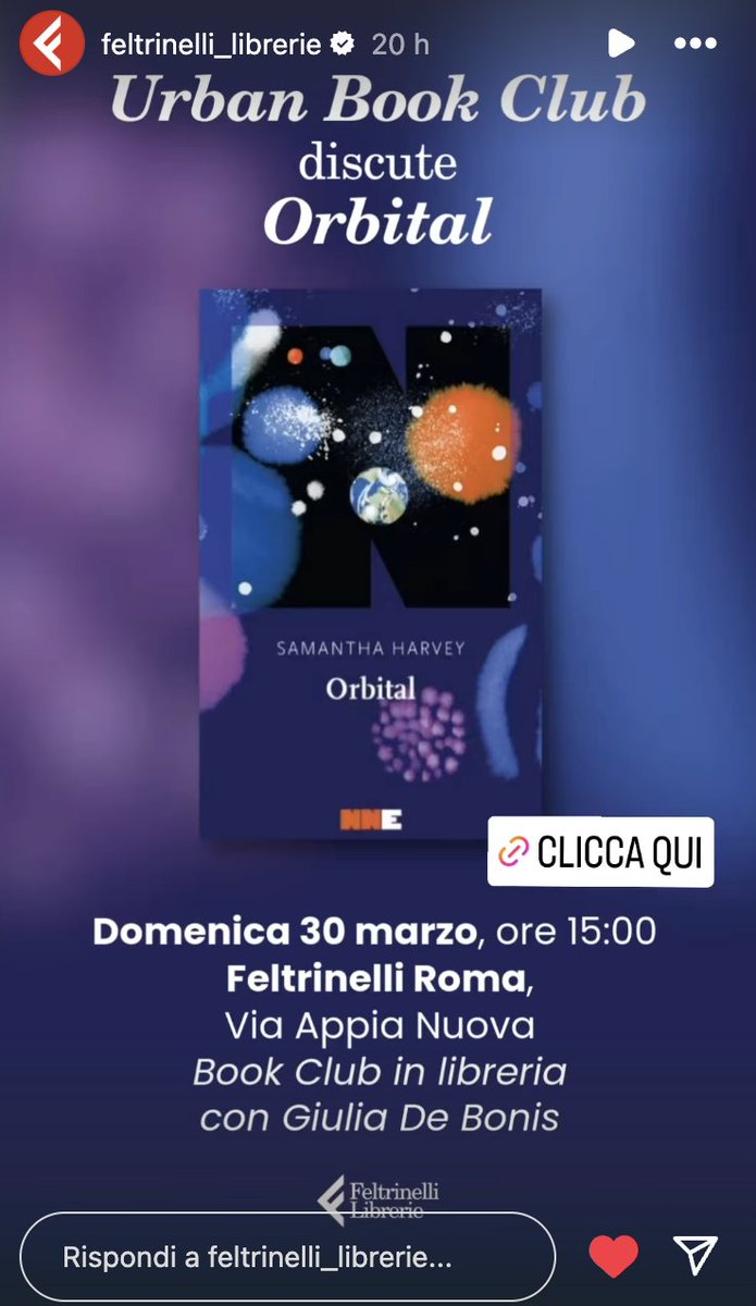 Con grande piacere parteciperò domenica pomeriggio a un incontro organizzato da #UrbanBookClub presso la libreria #Feltrinelli di Roma (via Appia Nuova 427).
Libro del mese: #Orbital di Samantha Harvey (#NNEditore)
Più info: lafeltrinelli.it/eventi/a1gOf00…
📚instagram.com/urbanbookclubr…