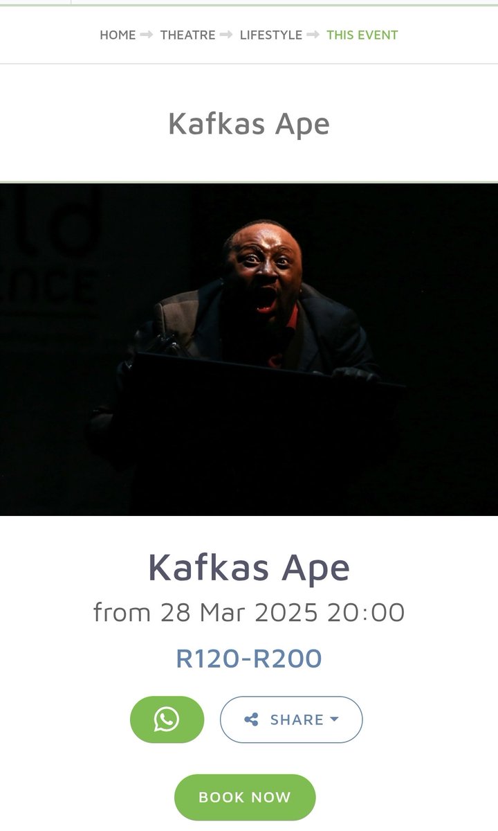 An adaptation of this story is playing at the Baxter Theatre. Kafka's Ape webtickets.co.za/V2/event.aspx?…