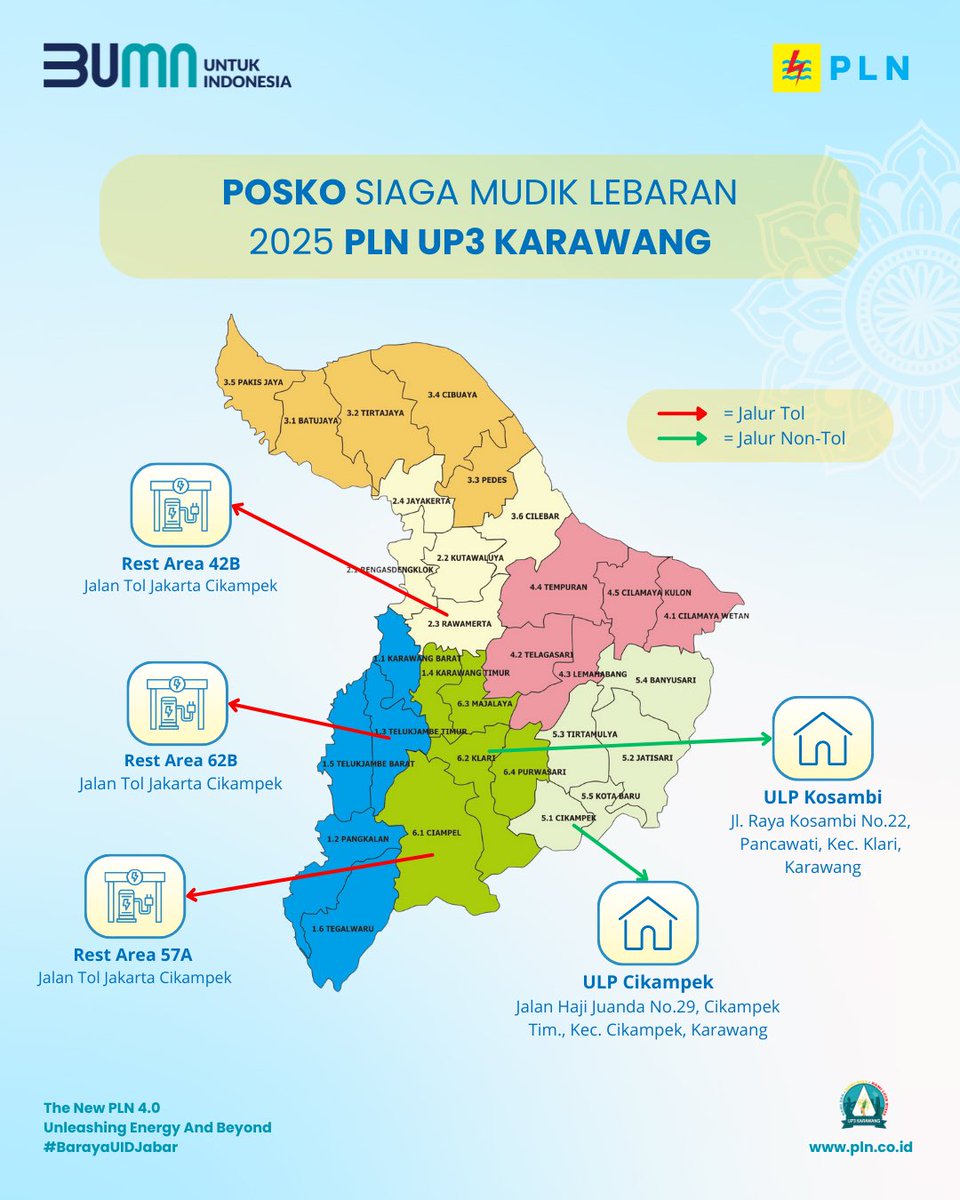 "Hai Electrizen!

PLN menyediakan Posko Mudik Lebaran

Rest Area 57A Tol Jakarta - Cikampek 
Rest Area 62B Tol Jakarta - Cikampek 
Rest Area 42B Tol Jakarta - Cikampek 
PLN ULP Cikampek
PLN ULP Kosambi

#PLNUP3Karawang #PoskoMudikLebaran #MudikLebaran #AmanBerlistrik