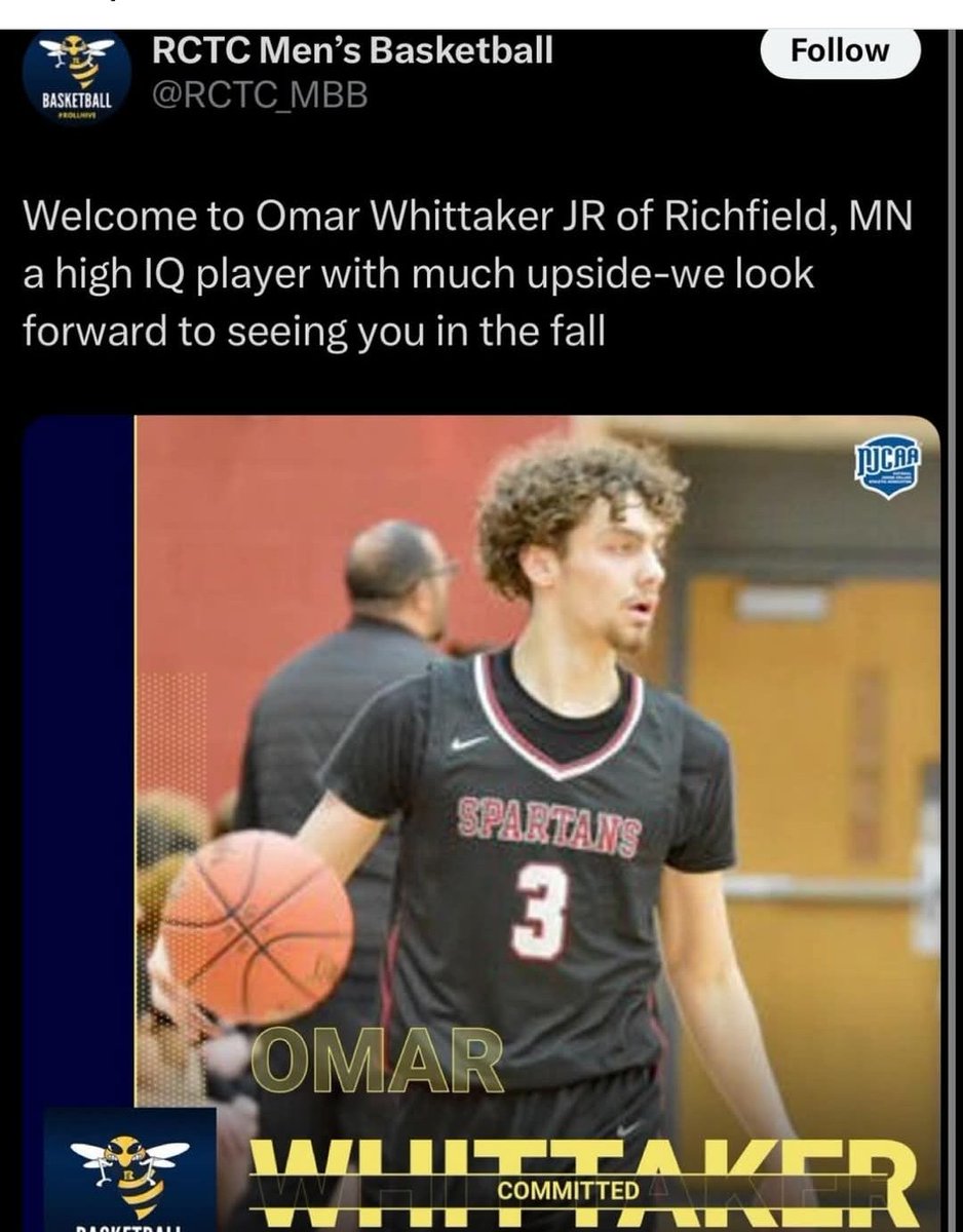 RHSBoysBasketball (@highrichfield) on Twitter photo Congratulations to Omar Whittaker Jr. on his commit to <a href="/RCTC_MBB/">RCTC Men’s Basketball</a> <a href="/odubz_612_/">Omar Whittaker Sr.</a>
#WeOverMe
#SpartanNation Congratulations to Omar Whittaker Jr. on his commit to <a href="/RCTC_MBB/">RCTC Men’s Basketball</a> <a href="/odubz_612_/">Omar Whittaker Sr.</a>
#WeOverMe
#SpartanNation
