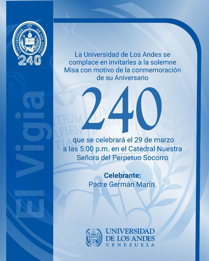 🚨Núcleo #ULA Vigía🚨

Misa Aniversario #ULA 240, Mañana sábado 29/03 a las 5 pm en la Catedral de el Vigia