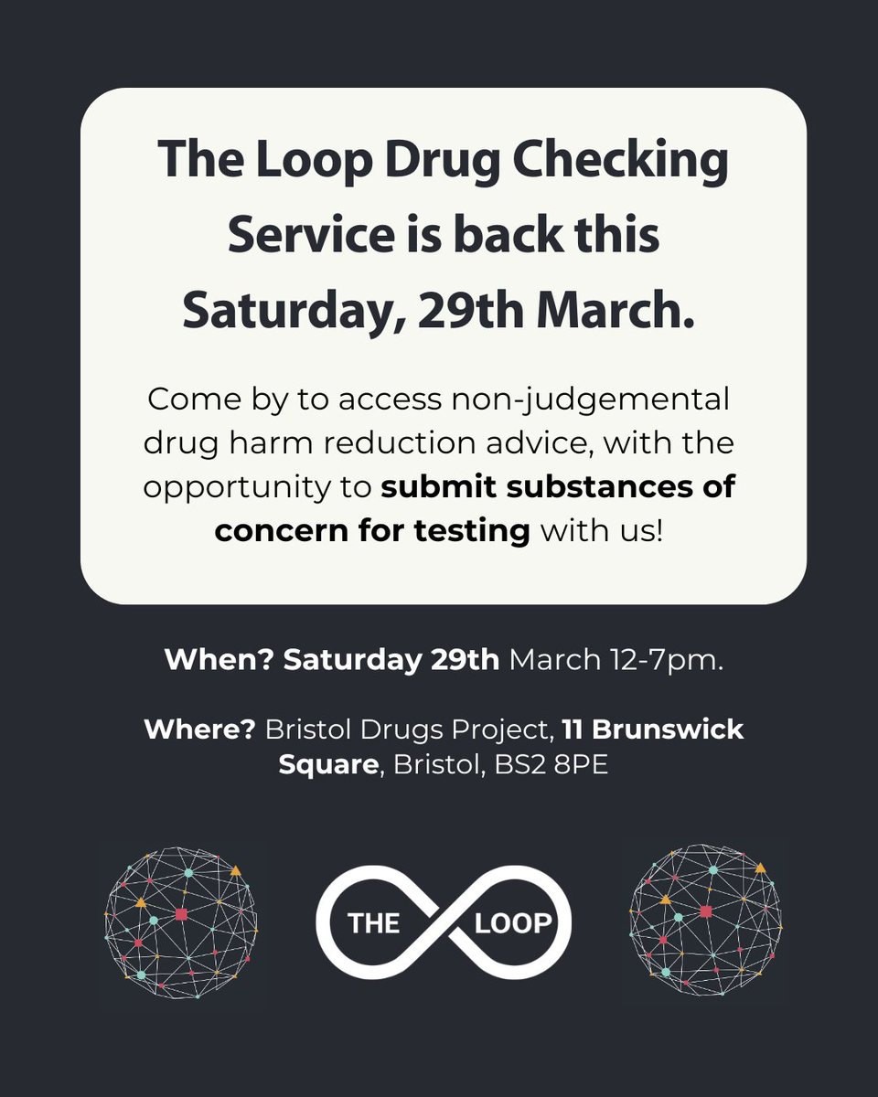 WeAreTheLoopUK's tweet image. 👉Tomorrow, 12-7pm
👉11 Brunswick Square, BS2 8PE

Substances can be dropped off anytime between 12-7pm. You are also welcome to call in to find out about drug checking,  substances we&apos;ve tested  and related harm reduction  information. The service is anonymous and free!