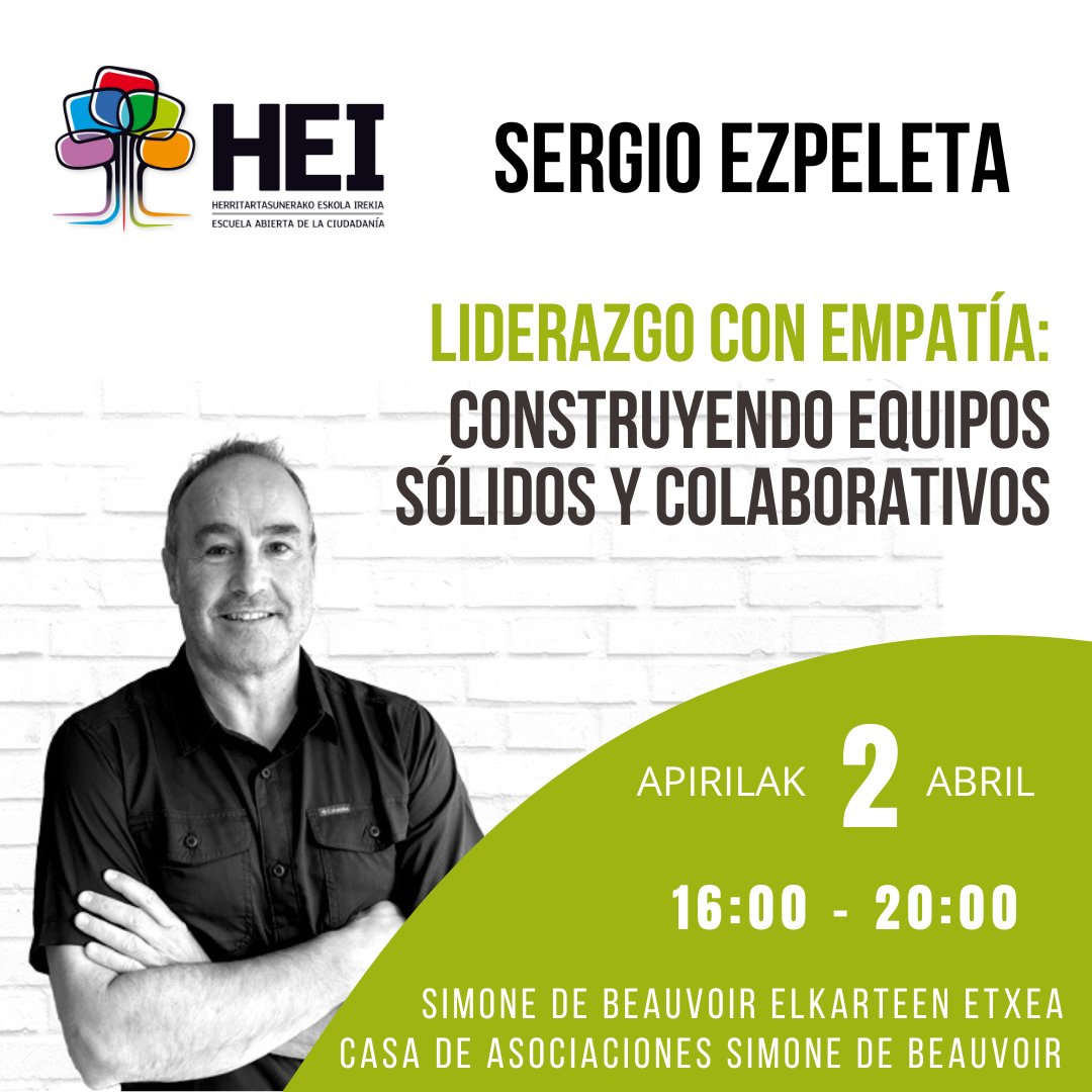 #HEIEskola Gizarte-gaitasunak / Habilidades sociles
🤝Liderazgo con Empatía: Construyendo Equipos Sólidos y Colaborativos
Izena eman ✍️inscríbete v-g.eus/4j7rOyk
📅Apirilak 2 abril
⏰16:00-20:00
🏢Simone de Beauvoir
🔗v-g.eus/4l5hWHe