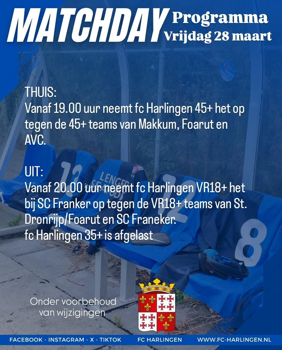Vanavond is fc Harlingen 45+ gastheer! Publiek is van harte welkom voor de 1e, 2e én 3e helft.
#zeventegenzeven #senioren #voetbal #fcharlingen