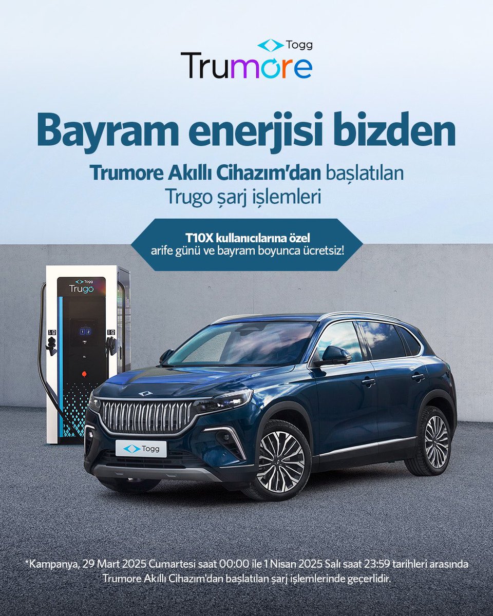 Togg T10X kullanıcılarına özel bayram müjdesi 🩵

Trumore Akıllı Cihazım adımından başlatacağınız Trugo şarj işlemleri 29 Mart 00.00'dan 1 Nisan 23.59'a kadar ücretsiz 🔋

&lt; İyi bayramlar &gt;

#Trumore
#Togg