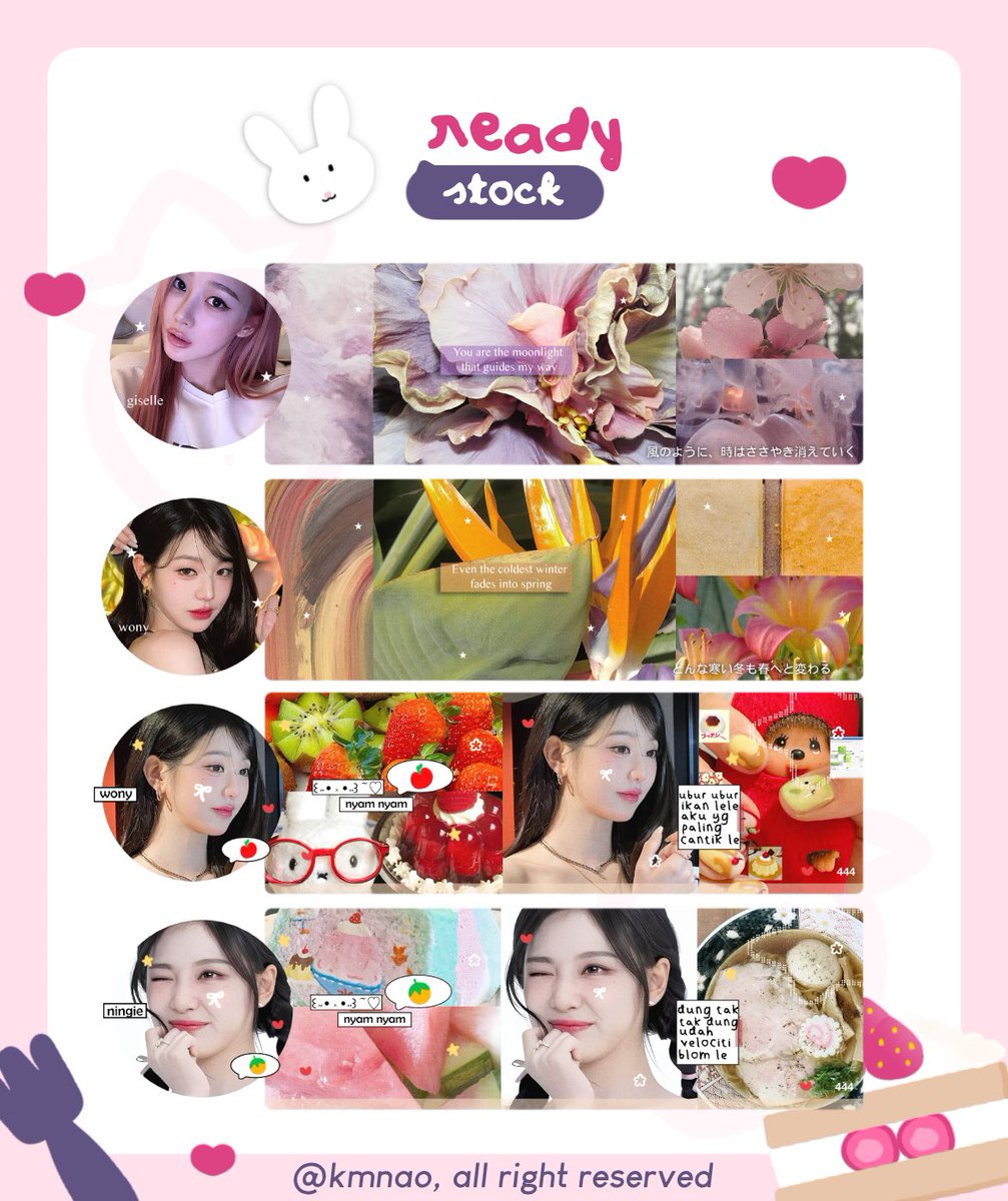 a repost will be appreciated! thank you.

hai mentemen, aku bawa layout ready stock spesial wony, giselle dan ningning! harganya 7k &amp; 8k udah free retext. boleh cek alt untuk detailnya dan kalau berminat bisa langsung dm iaa <33

#zonauang