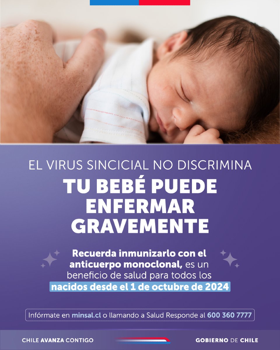 👶🏽Protege a tu hija o hijo contra el Virus Respiratorio Sincicial (VRS) 

Si tu hija o hijo nació desde el 01 de octubre, protégelo con el anticuerpo monoclonal contra el VRS de forma gratuita en los puntos de inmunización disponible en todo el país, más información en