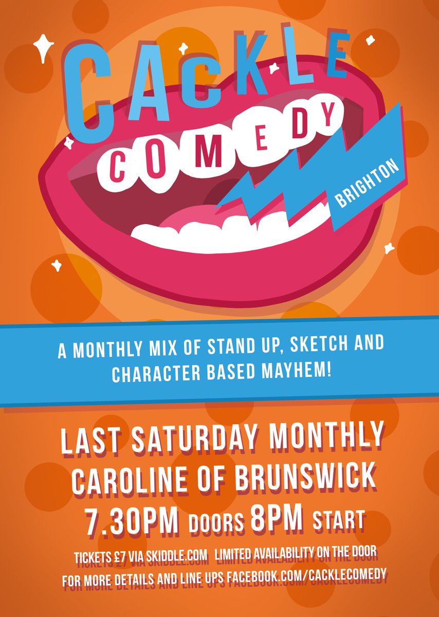 Saturday!! An evening of comedy at friendly comedy club Cackle in Brighton! Headliner is the amazing, up-and-coming comic Joe Foster. Only £7 from Skiddle. Discounts for low-waged and students! #standup <a href="/carolinepub/">Caroline ofBrunswick</a> <a href="/JGebbie/">Jade Gebbie 🦩 🏳️‍🌈</a>