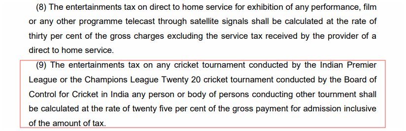 In case of TN, the tax on IPL is 25% according to Section 3(8)

5/N
