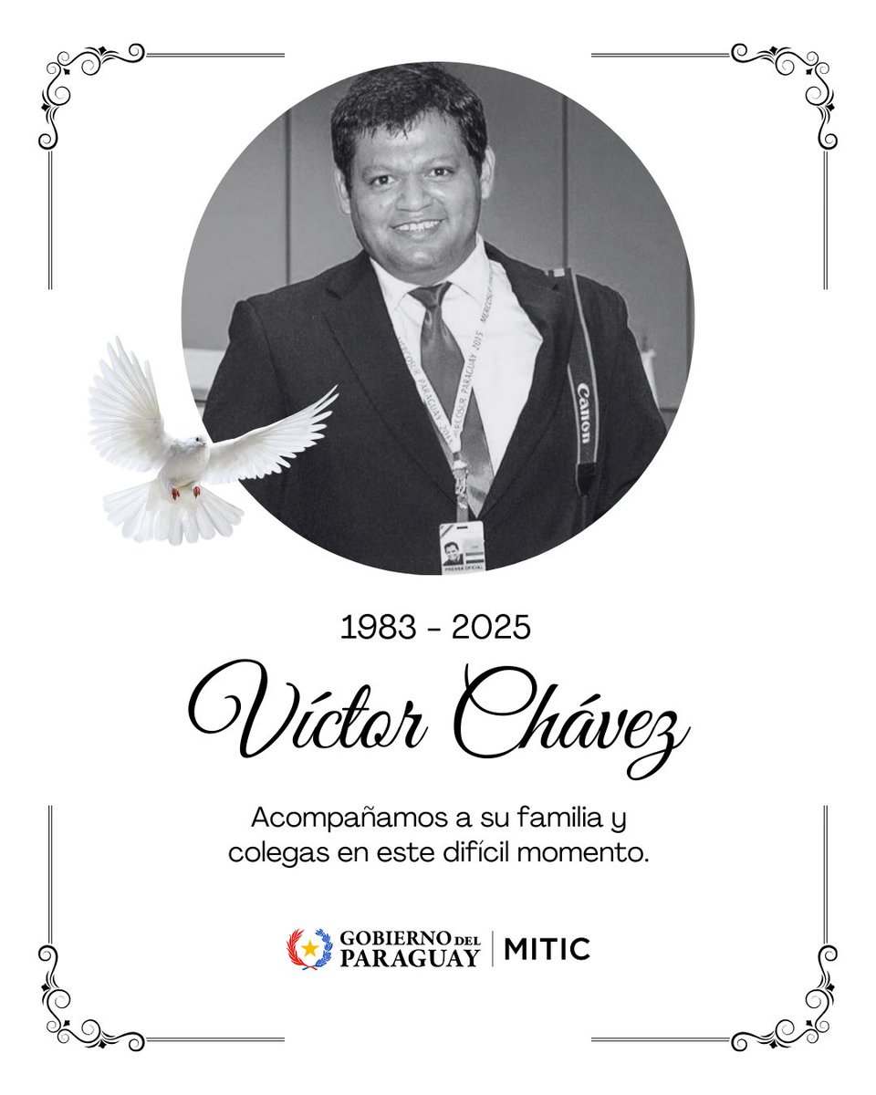 Hoy despedimos con mucha tristeza a Víctor Chávez, compañero fotógrafo de los medios del Estado y <a href="/PresidenciaPy/">Presidencia Paraguay</a>, cuya lente capturó momentos que quedarán para siempre. 

Más allá de su talento, recordaremos su calidez y compañerismo.

Nuestras condolencias a su familia y amigos.