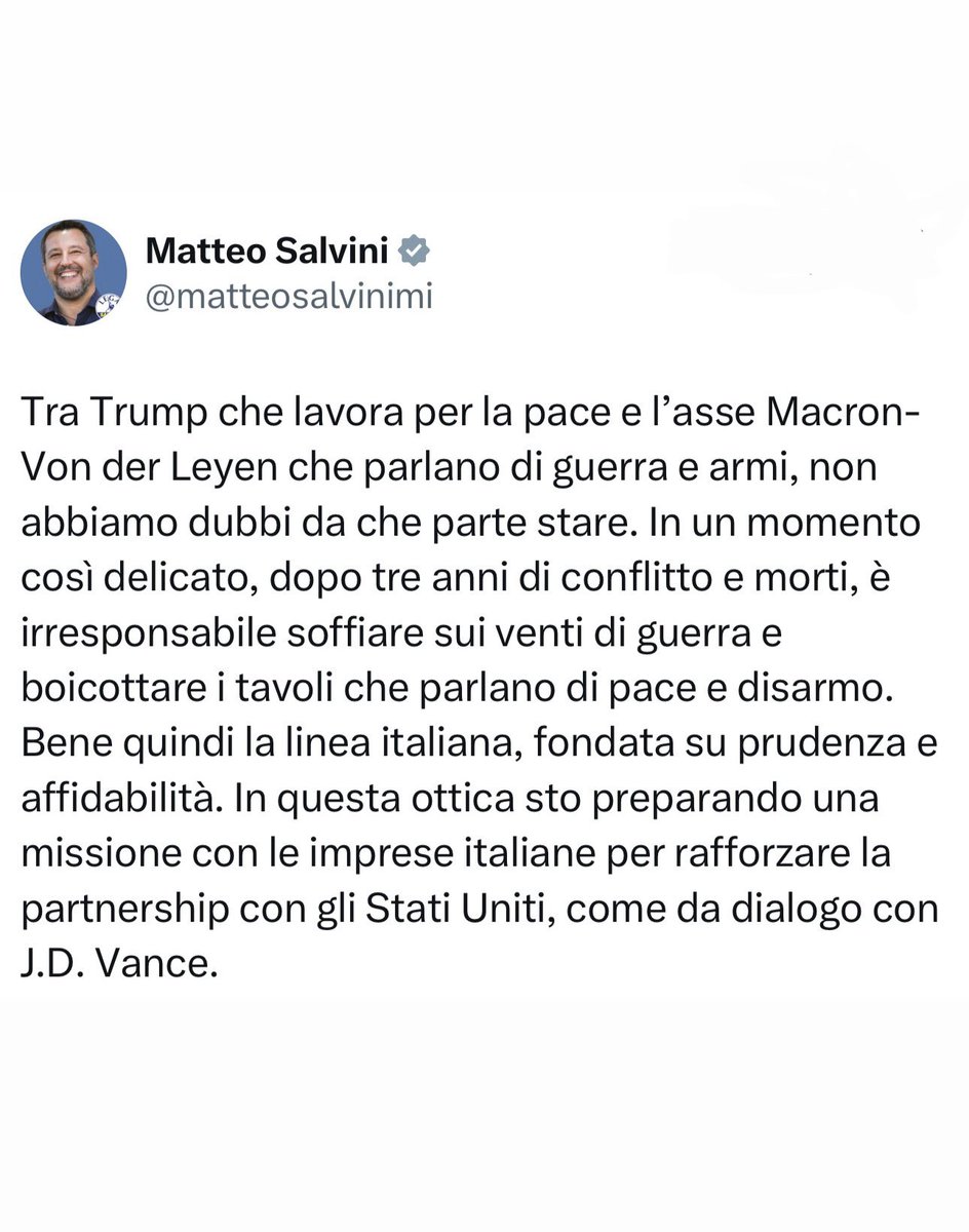 riccardomagi's tweet photo. Matteo Salvini oggi annuncia che l’Italia esce dall’Europa schierandosi con gli Usa di Trump e, contemporaneamente, caccia Meloni da Palazzo Chigi e Tajani dalla Farnesina autoproclamandosi rappresentante unico del governo italiano nei rapporti con l’amministrazione americana, tanto da pianificare una visita di Stato negli Usa. 

In pratica, una Italexit e una Melonexit in un solo Tweet. Ovviamente, tra chi soffia sui venti di guerra, non cita Putin che continua a bombardare. Meloni, che ieri è stata al vertice dei volenterosi, è contenta di essere stata commissariata dal suo vice?
