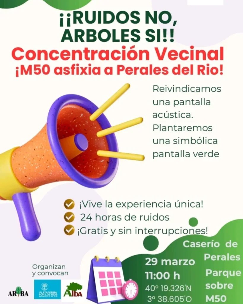 RUIDO NO, ÁRBOLES SÍ

Colectivos vecinales y ecologistas organizan una concentración para exigir soluciones a la #ContaminaciónAcústica de la M-50 en El Caserío y Perales del Río, barrio de #Getafe

 Sábado, 29 de marzo | 11h
📍 Parque sobre la M50, Caserío de Perales