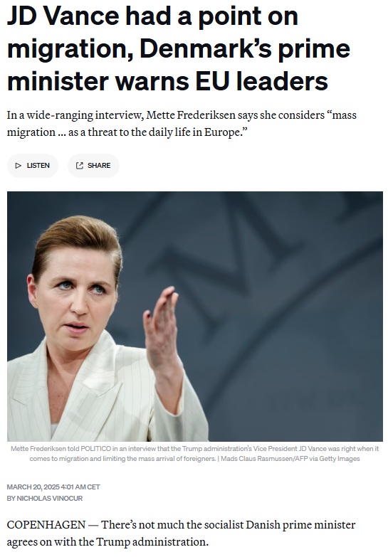 Samuli_Salminen's tweet image. Tanskan demari-pääministeri: "Massamaahanmuutto on uhka jokapäiväiselle elämälle Euroopassa".

Fredriksen näkee Tanskan demareiden tiukan maahanmuuttolinjan olevan äänestäjien mieleen:
"Frederiksen attributes her party’s success with voters to her migration stance[...]"