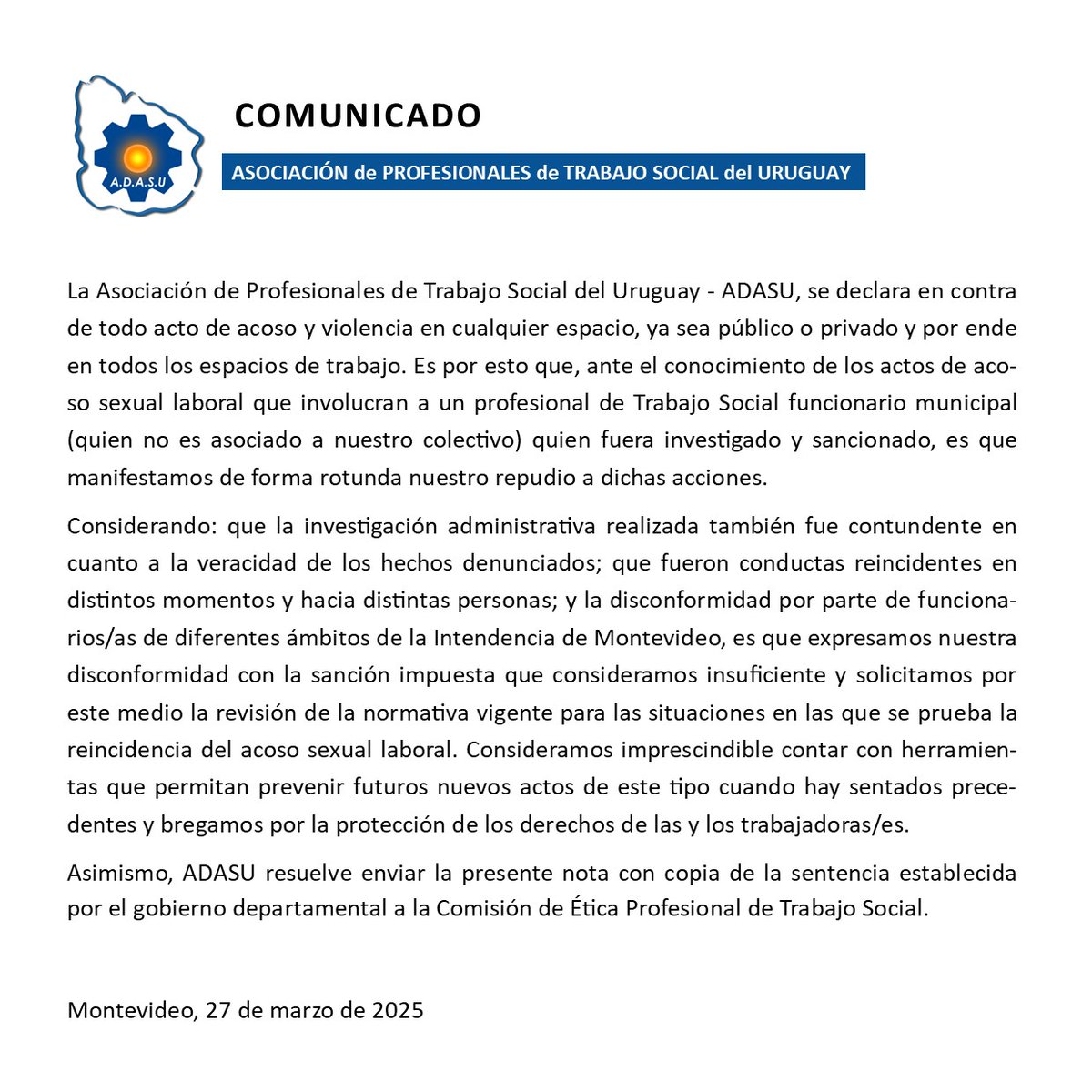 Comunicado de ADASU, ante denuncias de acoso sexual laboral en la Intendencia de Montevideo.