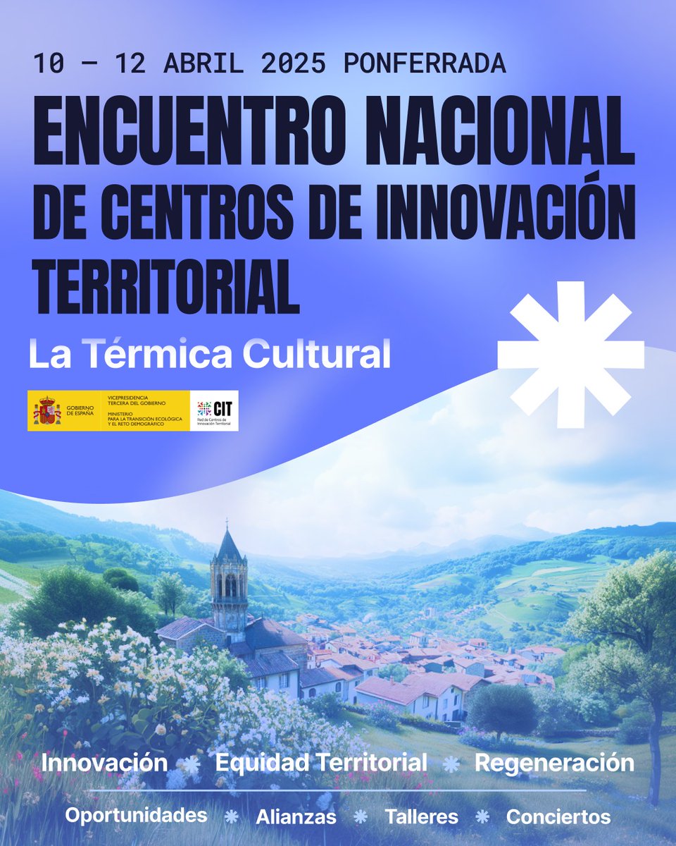 Transición Ecológica y Reto Demográfico (@mitecogob) on Twitter photo 🟠 Ponferrada acogerá el II Encuentro Nacional de la Red de Centros de Innovación Territorial
Para redefinir el futuro de los territorios demográficamente vulnerables 🏡
📌 10-12 de abril en <a href="/termicacultural/">La Térmica Cultural</a> de <a href="/CIUDEN_ES/">Fundación Ciudad de la Energía (CIUDEN)</a>
+info t.ly/7fZaG 🟠 Ponferrada acogerá el II Encuentro Nacional de la Red de Centros de Innovación Territorial
Para redefinir el futuro de los territorios demográficamente vulnerables 🏡
📌 10-12 de abril en <a href="/termicacultural/">La Térmica Cultural</a> de <a href="/CIUDEN_ES/">Fundación Ciudad de la Energía (CIUDEN)</a>
+info t.ly/7fZaG