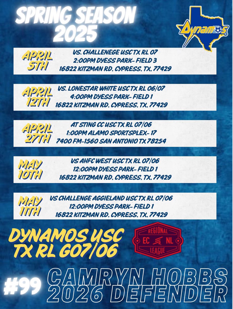 🚨🚨NEW CLUB TEAM
Aspire FC 0809 Girls Black EDPL ➡️➡️ Dynamos USC TX RL G07/06

Before joining Aspire, I played for Dynamos for 2 years. After this past Fall season playing on Aspire, I decided to move back to Dynamos. I am very excited to play with this team again. 💙💛