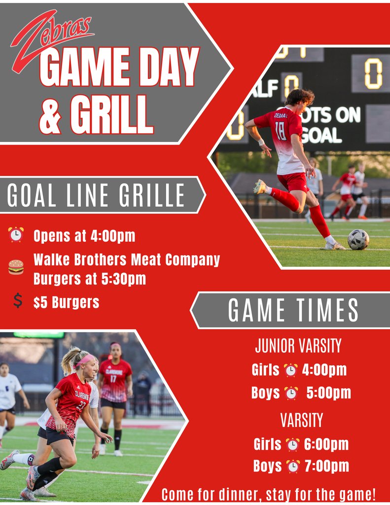 The weather is great so get out and watch some soccer this evening. Also don't worry about dinner, there will be a burger bar at the concession. Come support the boys and girls. #ZEBRAPRIDE