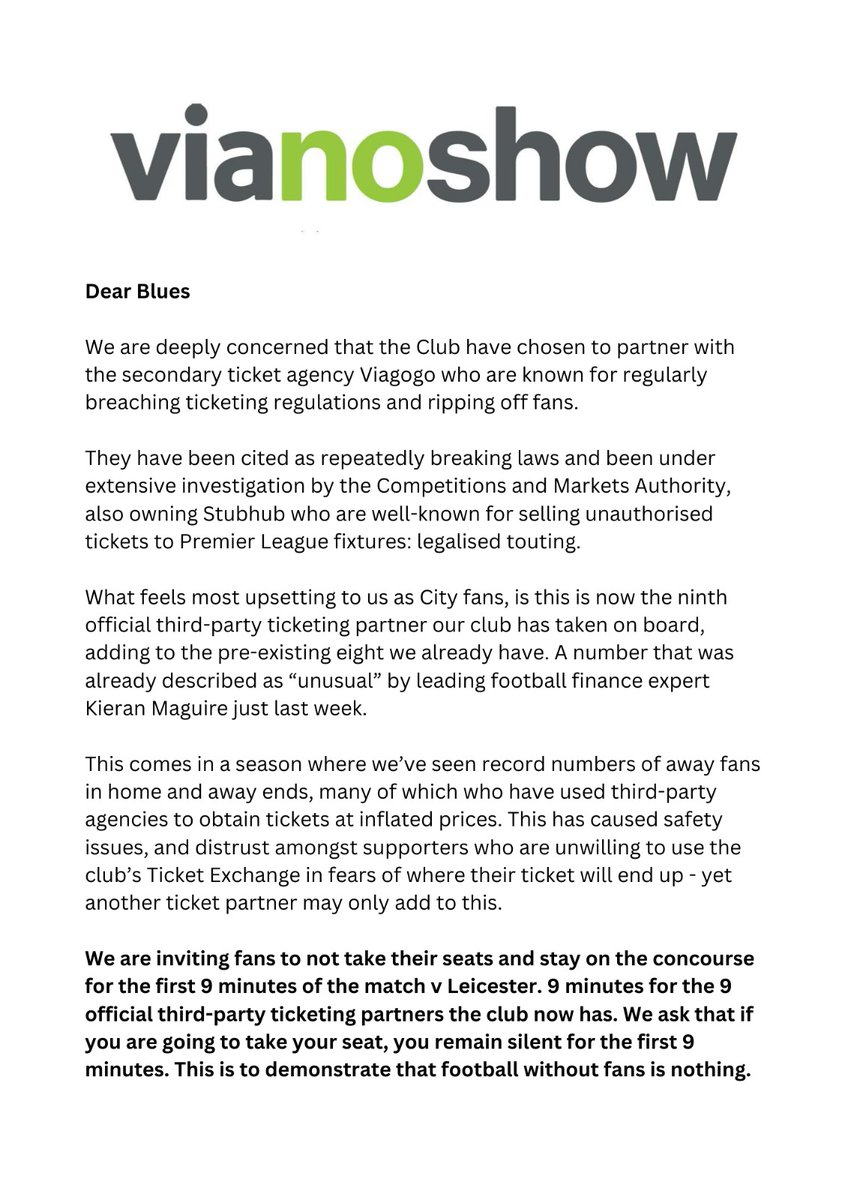 tradeunionblues's tweet photo. Viagogo added as official touting partner, no price freeze on STs, long-standing and loyal fans consistently overlooked. It's time to take action.

Please support this no-show for the first 9 minutes against Leicester.

Proud to back this alongside @WeAre1894 and @MCFCfoodbank https://t.co/ljD22PlzwJ