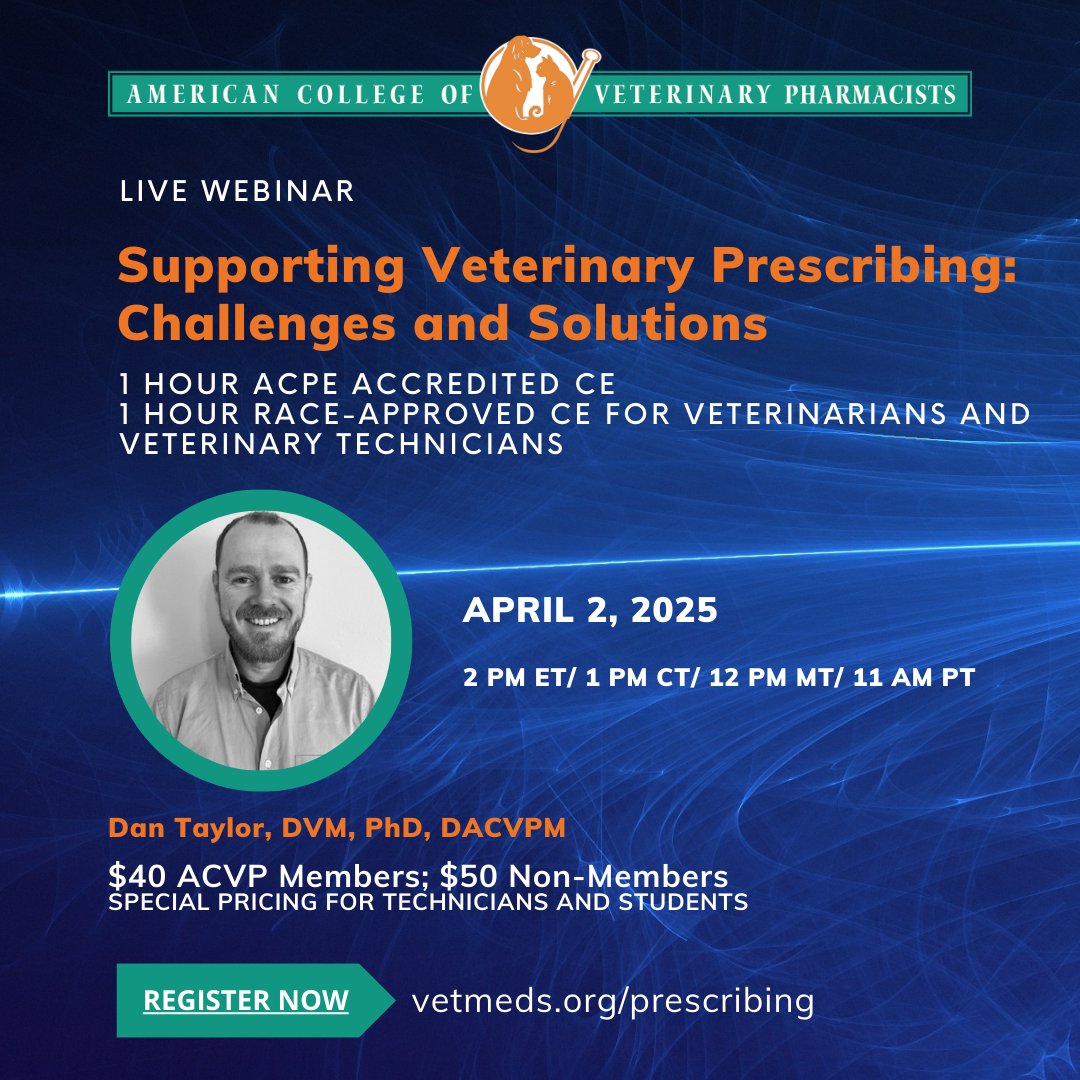 ACVPOrg's tweet photo. 🐾 Veterinary prescribing can be challenging! 

📆 Join us April 2 for a CE event tackling prescribing challenges, technological solutions, and collaboration strategies.

🔗 Register now: https://t.co/8BjFJ5zjH4 

#VetPharm #VetCE #PharmacyCE #MedicationSafety https://t.co/zlYCY740tF