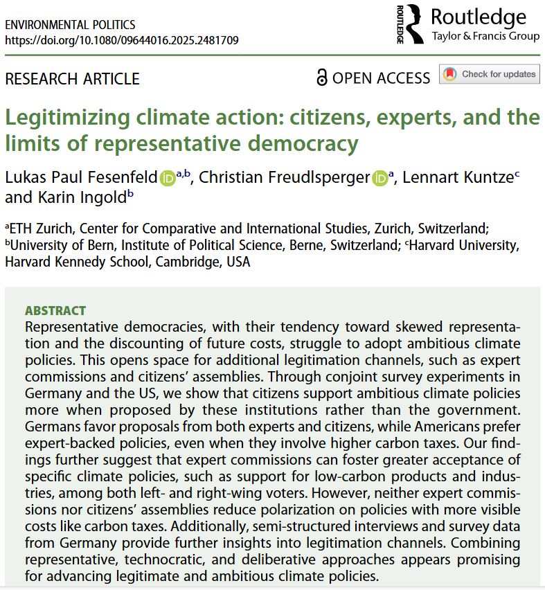 Lukas Fesenfeld (@lfesenfeld) on Twitter photo 🚨 New open-access paper in <a href="/Env_Pol/">Environmental Politics</a> <a href="/CFreudlsperger/">Christian Freudlsperger</a> @IngoldKarin & Lennart Kuntze
💡 Expert commissions can build cross-partisan support for low-carbon policies in 🇩🇪 & 🇺🇸.
⚠️ Neither experts nor citizens’ assemblies reduce polarization on carbon taxes.
tandfonline.com/doi/full/10.10… 🚨 New open-access paper in <a href="/Env_Pol/">Environmental Politics</a> <a href="/CFreudlsperger/">Christian Freudlsperger</a> @IngoldKarin & Lennart Kuntze
💡 Expert commissions can build cross-partisan support for low-carbon policies in 🇩🇪 & 🇺🇸.
⚠️ Neither experts nor citizens’ assemblies reduce polarization on carbon taxes.
tandfonline.com/doi/full/10.10…