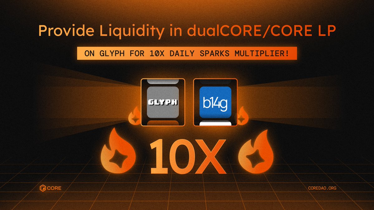 Coredao_Org's tweet image. New 10x Sparks Multiplier 🔥

dualCORE is the first liquid dual-staking token for CORE assets—built to maximize yield by matching staked CORE with staked BTC. 

Now, it also earns you 10x Sparks daily—plus b14g points and G-points along the way.

1️⃣ Stake CORE on @b14g_network,…