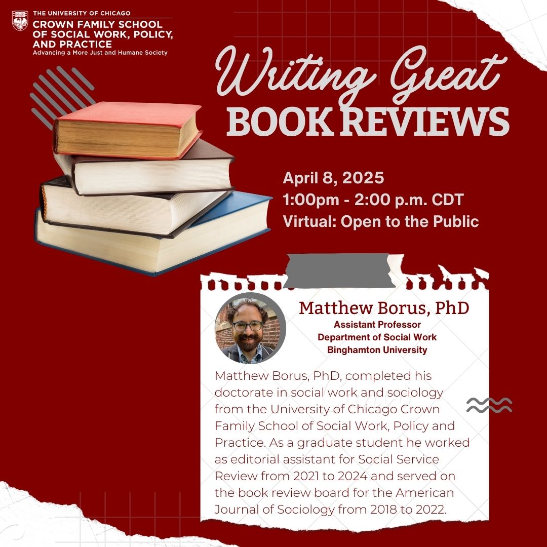 JSSWR Info (@journalsswr) on Twitter photo Our colleagues at <a href="/SocServReview/">Social Service Review</a> are offering a webinar on April 8, "How to Write Great Book Reviews" with Dr. Matthew Borus of <a href="/binghamtonu/">Binghamton University</a>. This webinar may be helpful for scholars at multiple levels, and across the social sciences.
Register here: crownschool.uchicago.edu/news-events/al⦠Our colleagues at <a href="/SocServReview/">Social Service Review</a> are offering a webinar on April 8, "How to Write Great Book Reviews" with Dr. Matthew Borus of <a href="/binghamtonu/">Binghamton University</a>. This webinar may be helpful for scholars at multiple levels, and across the social sciences.
Register here: crownschool.uchicago.edu/news-events/alā¦