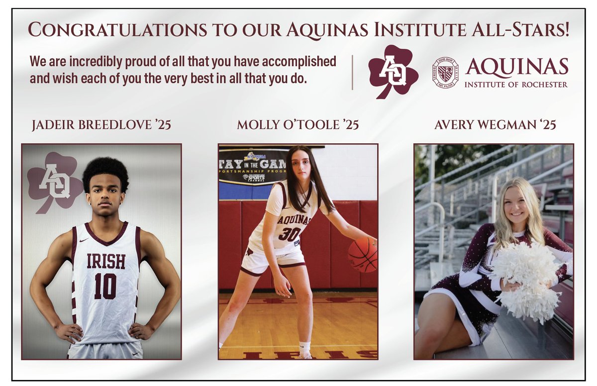 The Aquinas Institute of Rochester (@aqinstitute) on Twitter photo We have 3 AQ student-athletes have been selected to participate in the 40th Annual Ronald McDonald House All-Star Games! <a href="/AqLadyIrish/">Aquinas Institute Girls Basketball</a> <a href="/AQ_Basketball/">Aquinas Institute Boys Basketball</a> <a href="/PrimetimeBall_/">Primetime585⭕️</a> <a href="/RMHCRochester/">RMHC Rochester, NY</a>
@ Fairport High School on 3/29
Girls Game: 2PM | Boys Game: 4PM
*Cheerleaders perform at halftime We have 3 AQ student-athletes have been selected to participate in the 40th Annual Ronald McDonald House All-Star Games! <a href="/AqLadyIrish/">Aquinas Institute Girls Basketball</a> <a href="/AQ_Basketball/">Aquinas Institute Boys Basketball</a> <a href="/PrimetimeBall_/">Primetime585⭕️</a> <a href="/RMHCRochester/">RMHC Rochester, NY</a>
@ Fairport High School on 3/29
Girls Game: 2PM | Boys Game: 4PM
*Cheerleaders perform at halftime